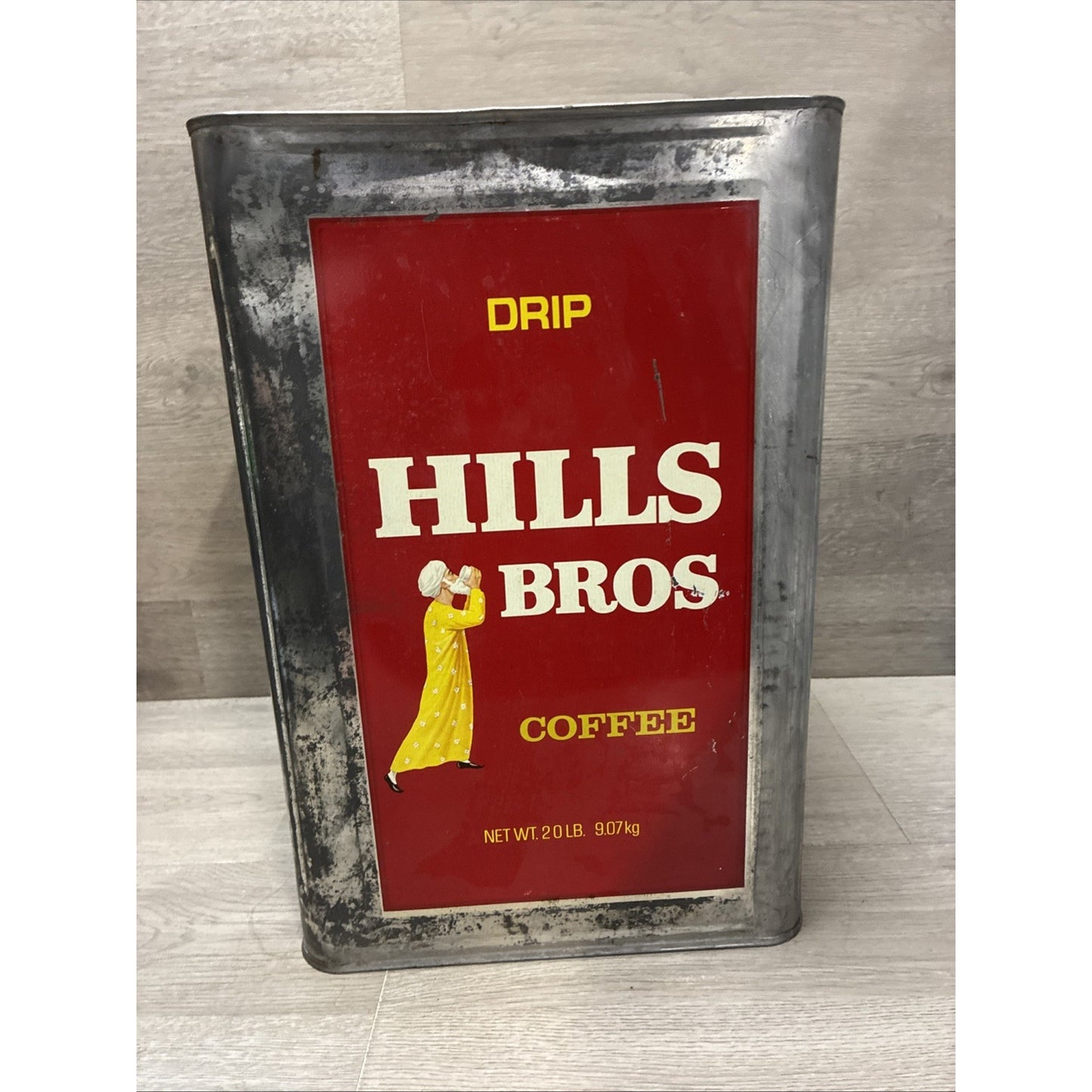 Vintage Coffee Tin HILLS BROS 20 Pounds Large With Lid 14" x 9" x 9"