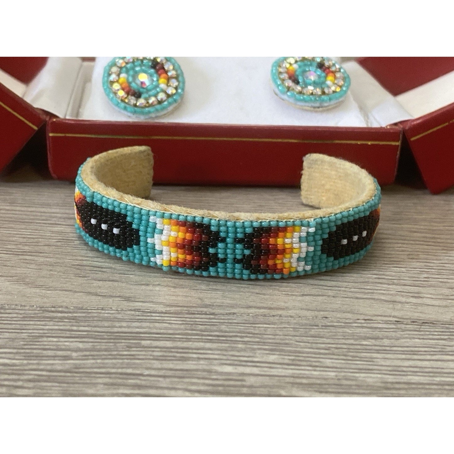 Native American Micro Beaded Cuff Bracelet & Earrings Pair