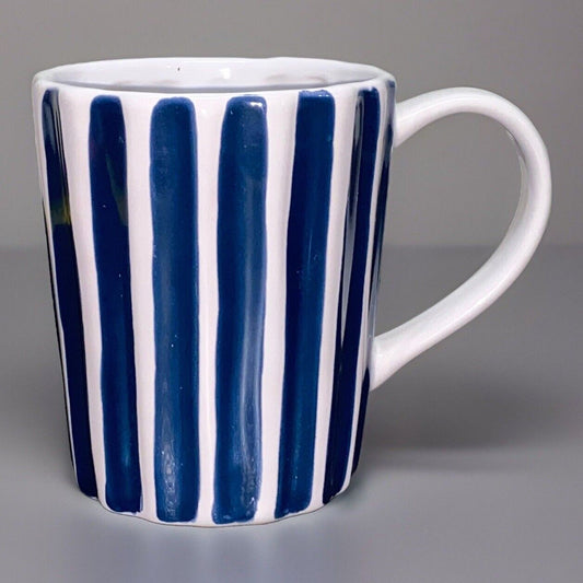 Starbucks Coffee Mug 2008 Blue White Hand Painted Ribbed Striped 12 oz Stripes