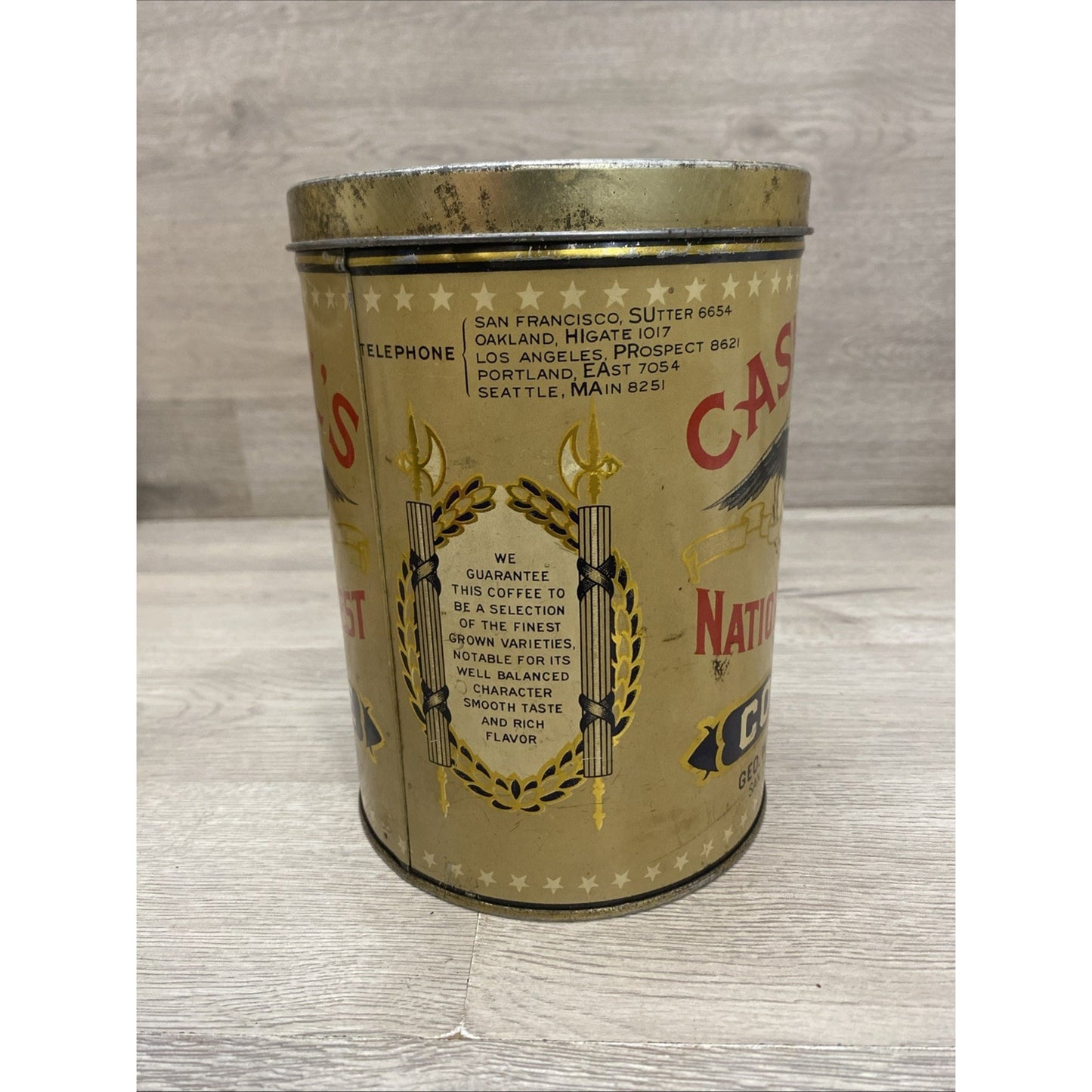 1920's CASWELLS NATIONAL CREST COFFEE TIN 2.5 LBS BEAUTIFUL CONDITION RARE 7.5"