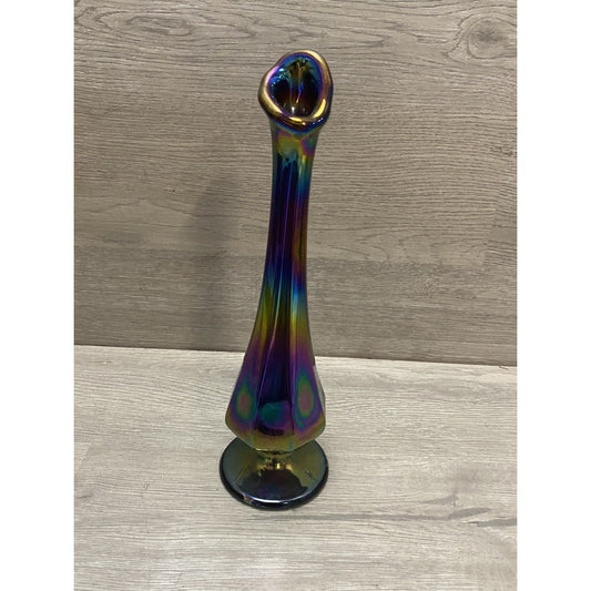 Vintage Fenton Iridescent Purple Bud Vase 8.75” Tall Embossed Logo