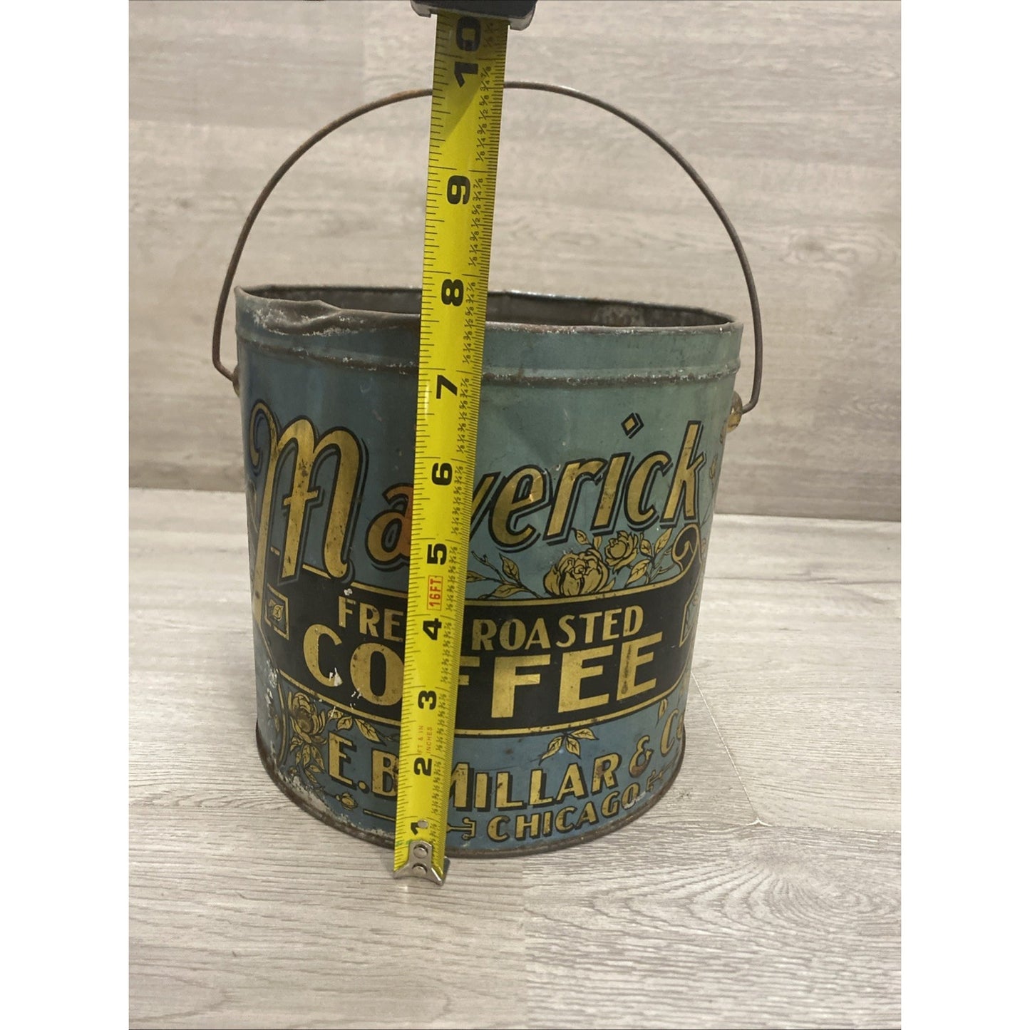 ANTIQUE MAVERICK COFFEE TIN LITHO 4LB PAIL CAN E.B. MILLAR CHICAGO GROCERY STORE
