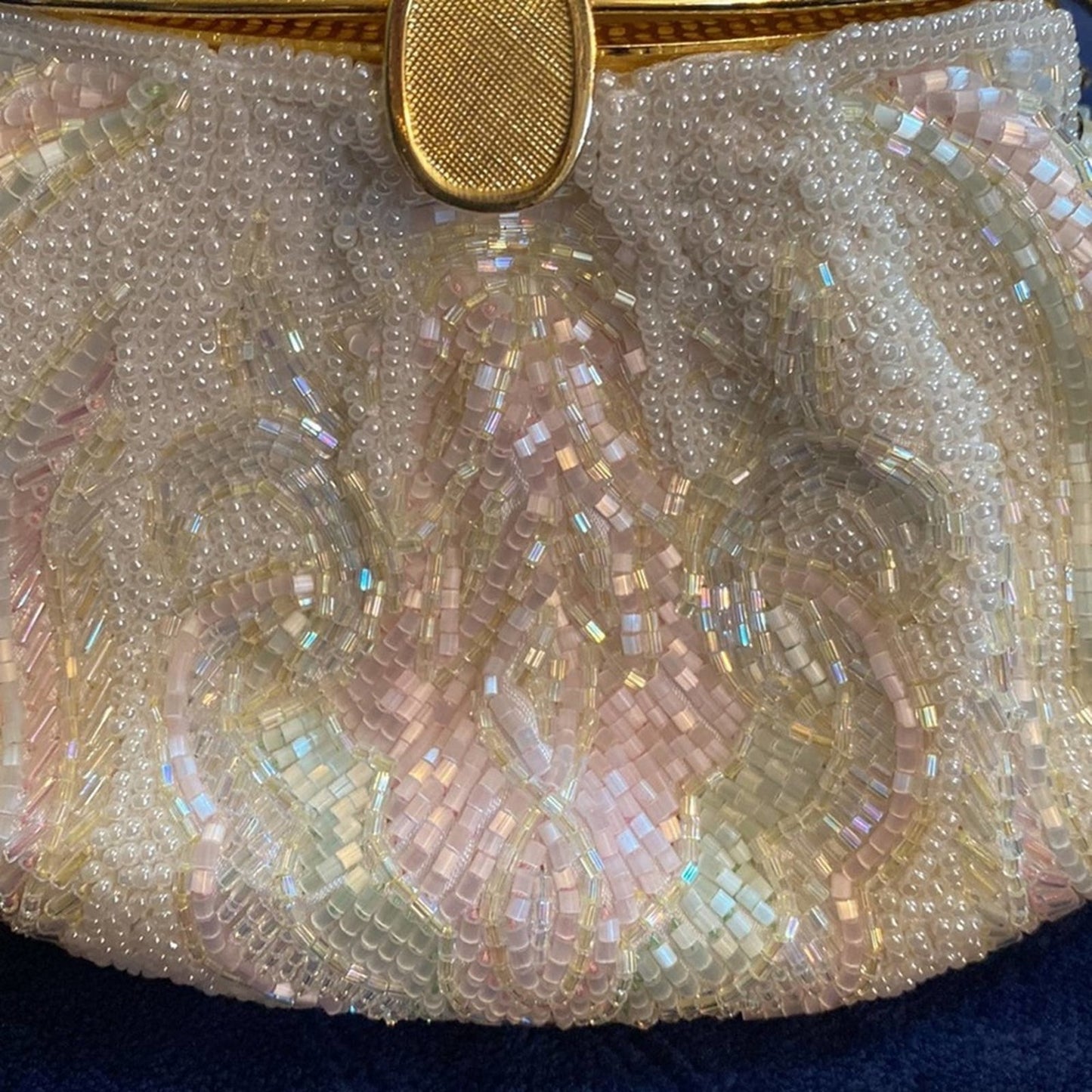 RARE! Vintage La Regale Fully Beaded White Iridescent Wedding Purse w/Gold Strap