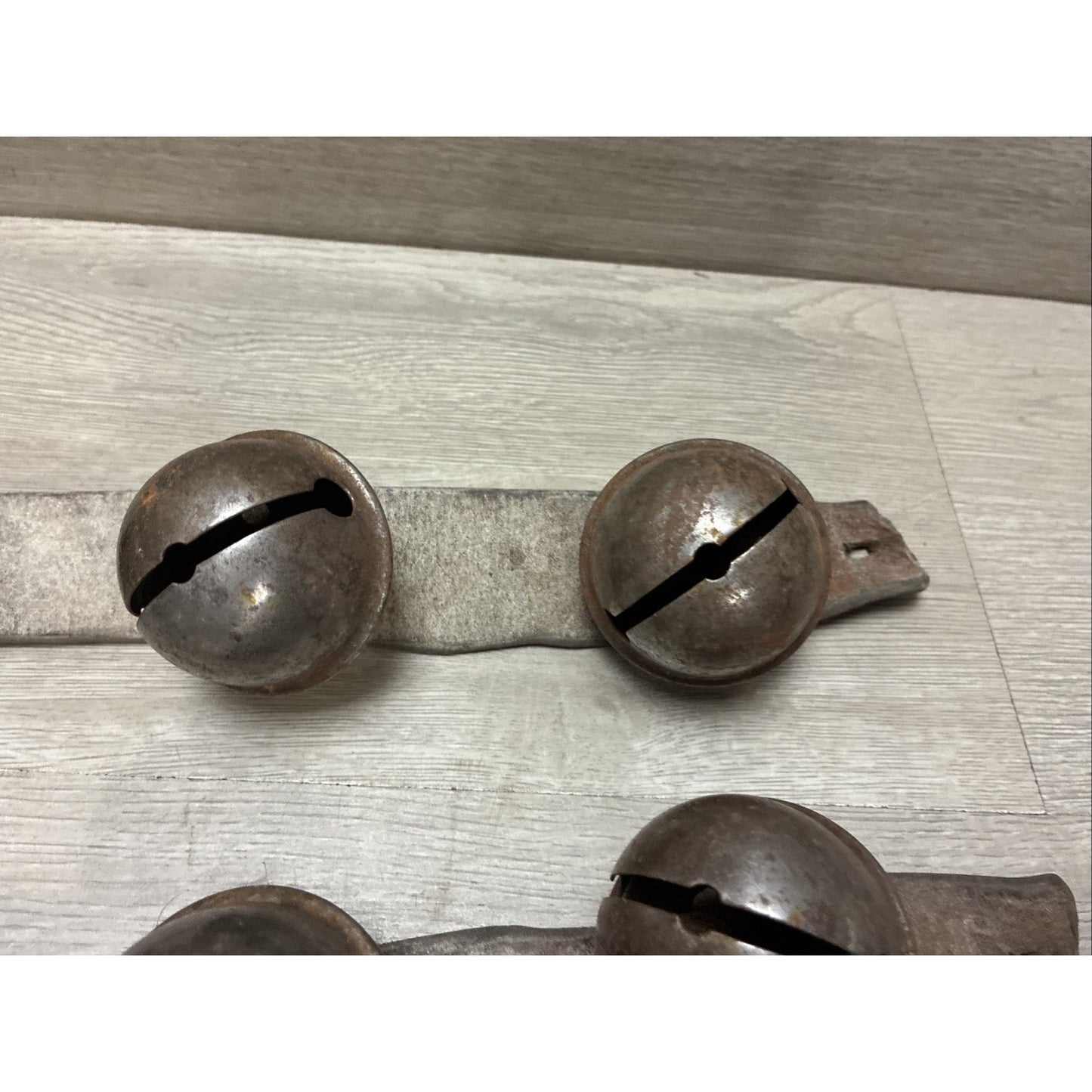 (8) Antique Sleigh Bells Horse Harness Leather Rustic Christmas 2 Straps 2-2.5”