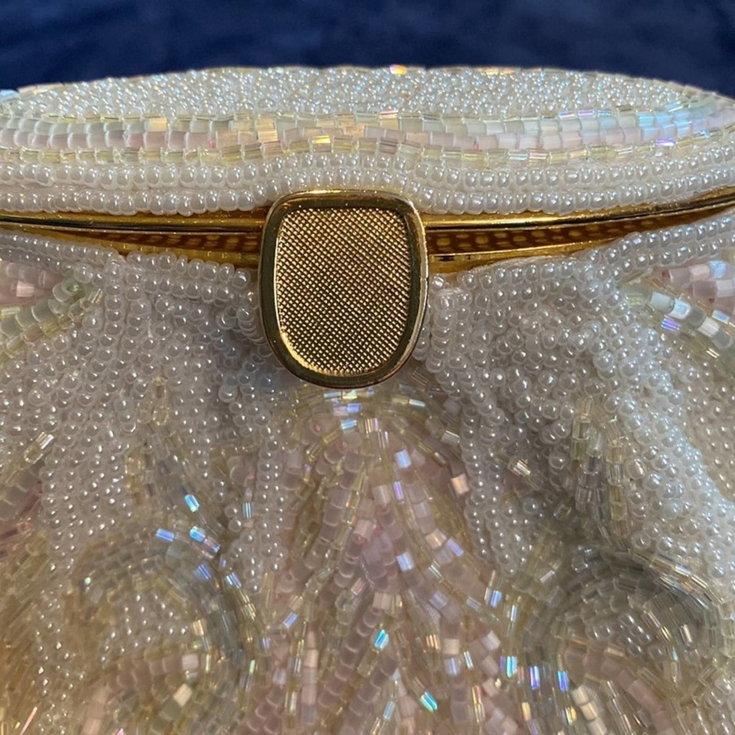 RARE! Vintage La Regale Fully Beaded White Iridescent Wedding Purse w/Gold Strap
