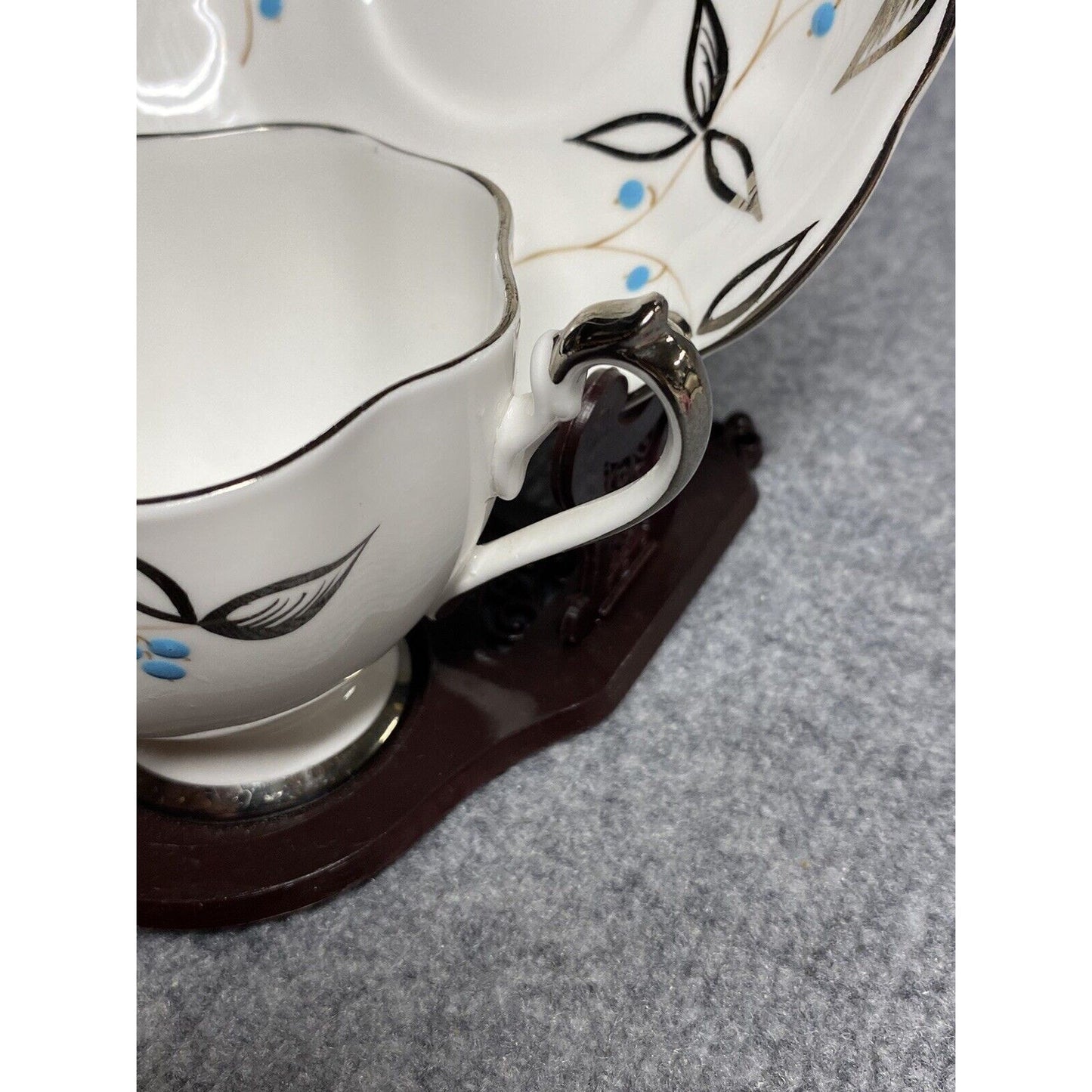 Queen Anne Teacup and Saucer with Hand-Enameled Blue Flowers