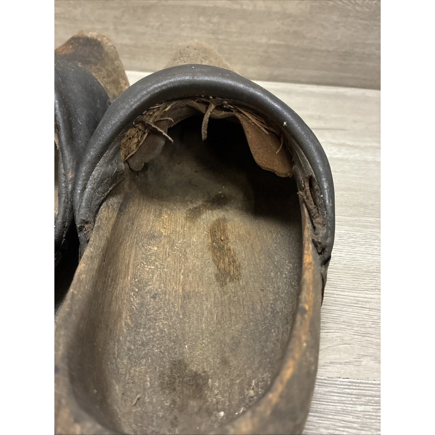 Antique Dutch Or German Wooden Clogs Shoes with Leather & Straw