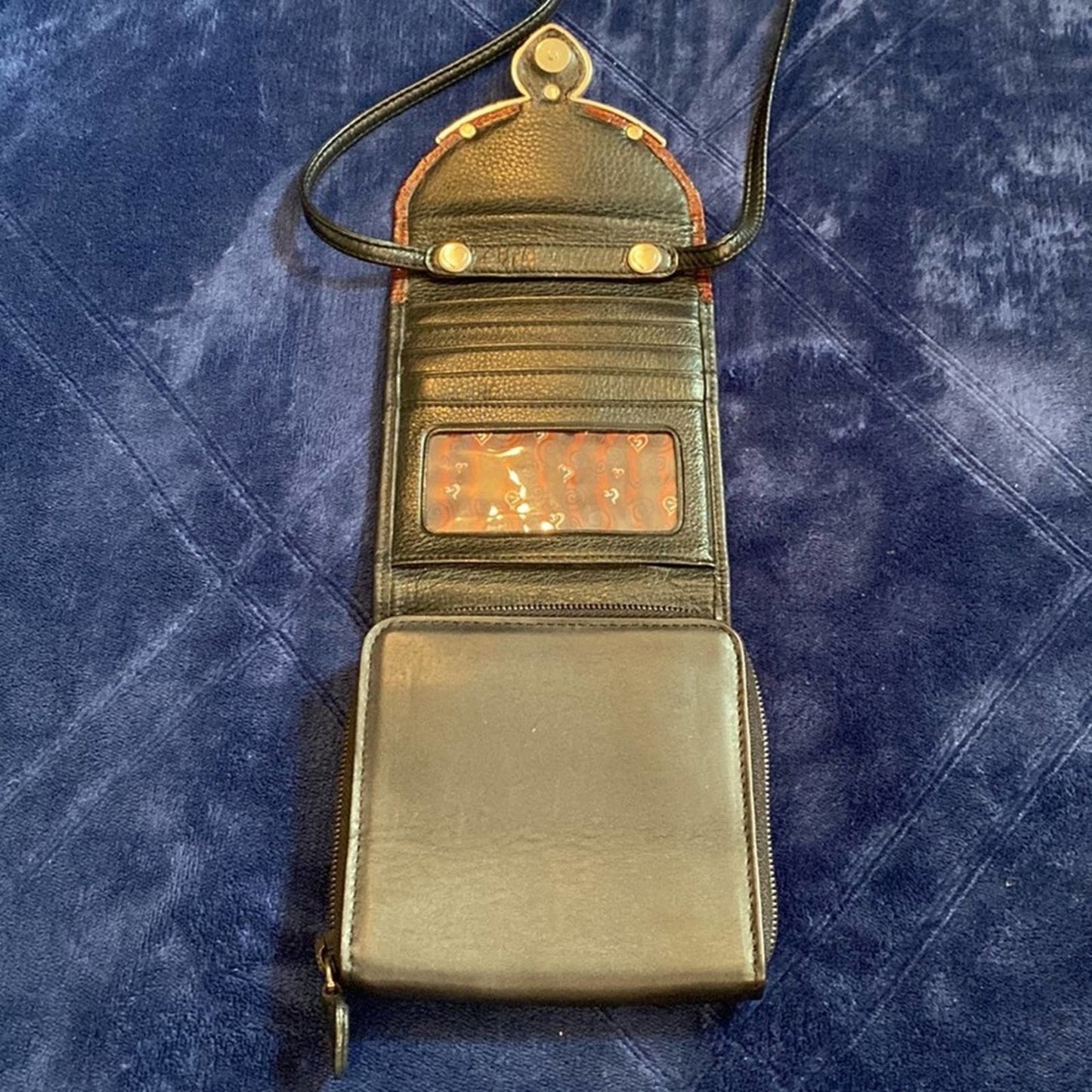Vintage Black & Red Leather Folding Wallet Purse with Silver Heart Embellishment