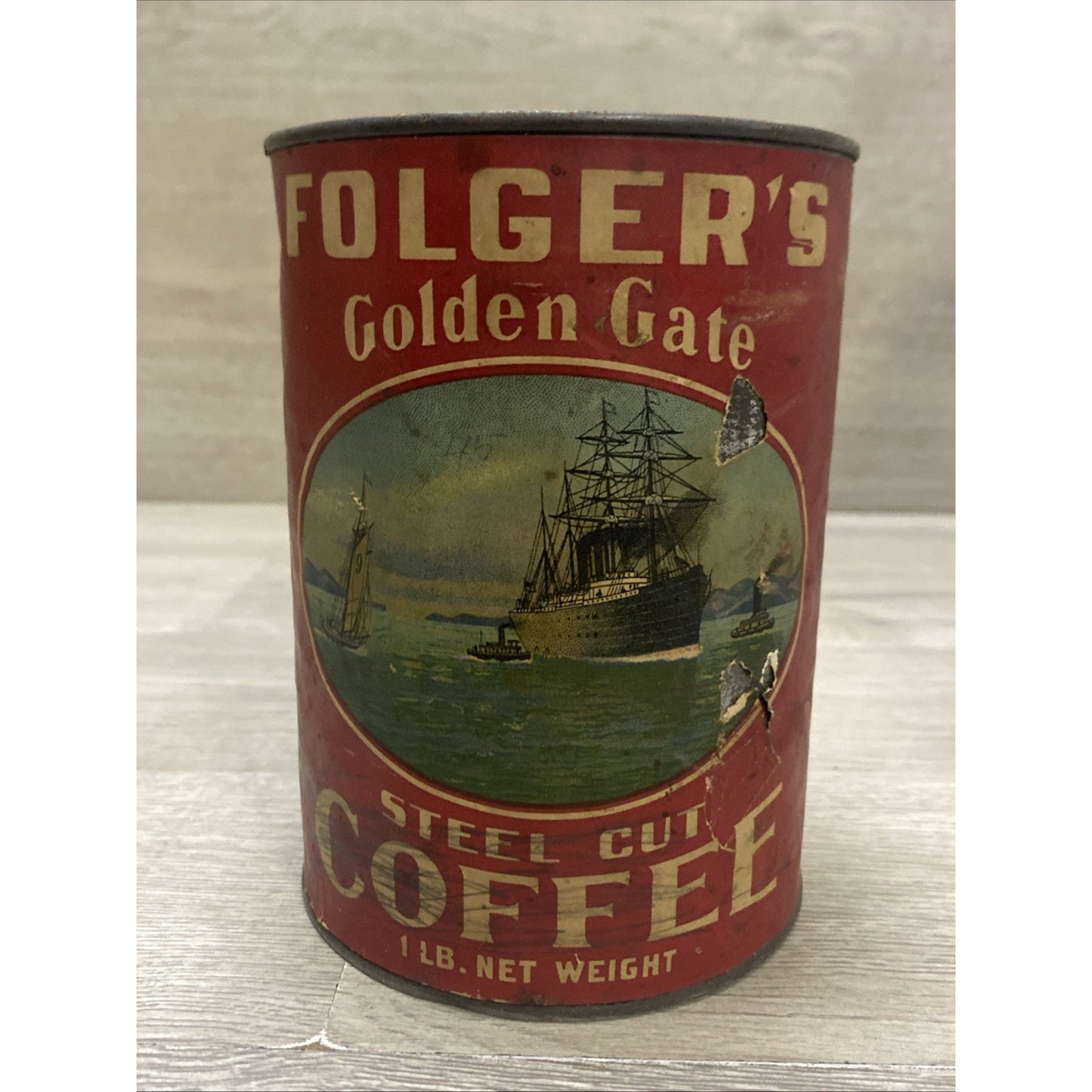 SUPER RARE 100+ YEAR OLD FOLGERS GOLDEN GATE PAPER LABEL ON TIN COFFEE CAN