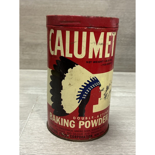 Calumet Baking Powder Tin (1 LB 9OZ ) w/Red Lid VINTAGE 1950’s General Foods