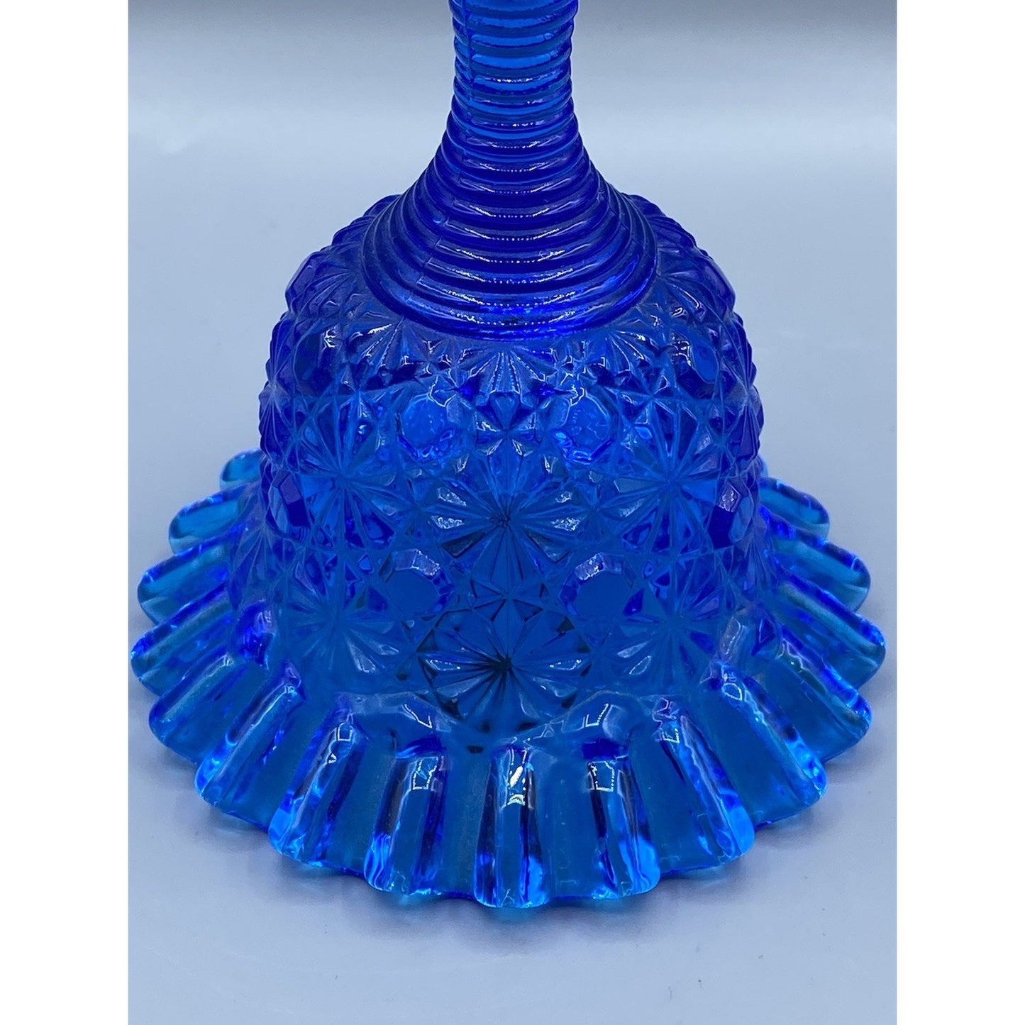 Fenton Glass Blue Daisy and Button Ruffle Edge & Ribbed Handle Vintage Bell