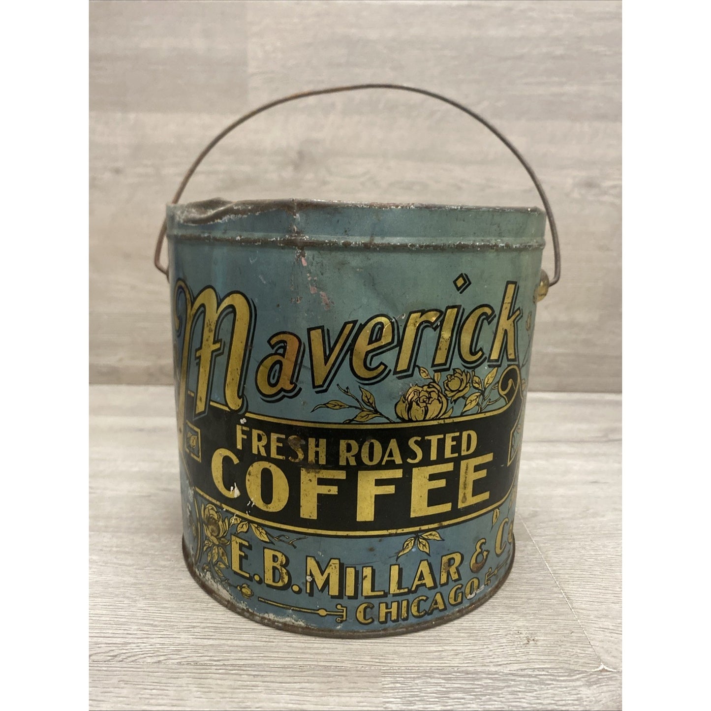 ANTIQUE MAVERICK COFFEE TIN LITHO 4LB PAIL CAN E.B. MILLAR CHICAGO GROCERY STORE