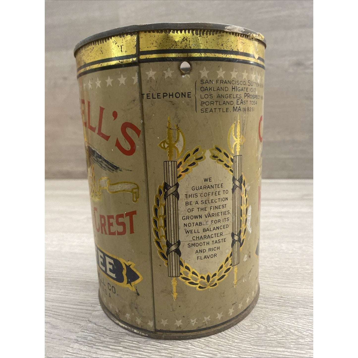 1920's CASWELLS NATIONAL CREST COFFEE TIN 2.5 LBS 7.5"