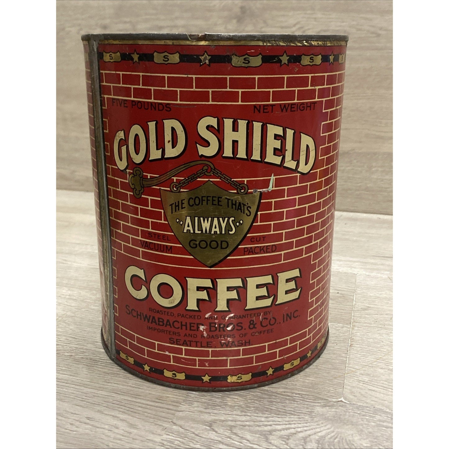 SEATTLE 1928 GOLD SHIELD COFFEE LARGE 5 POUND TIN Advertising