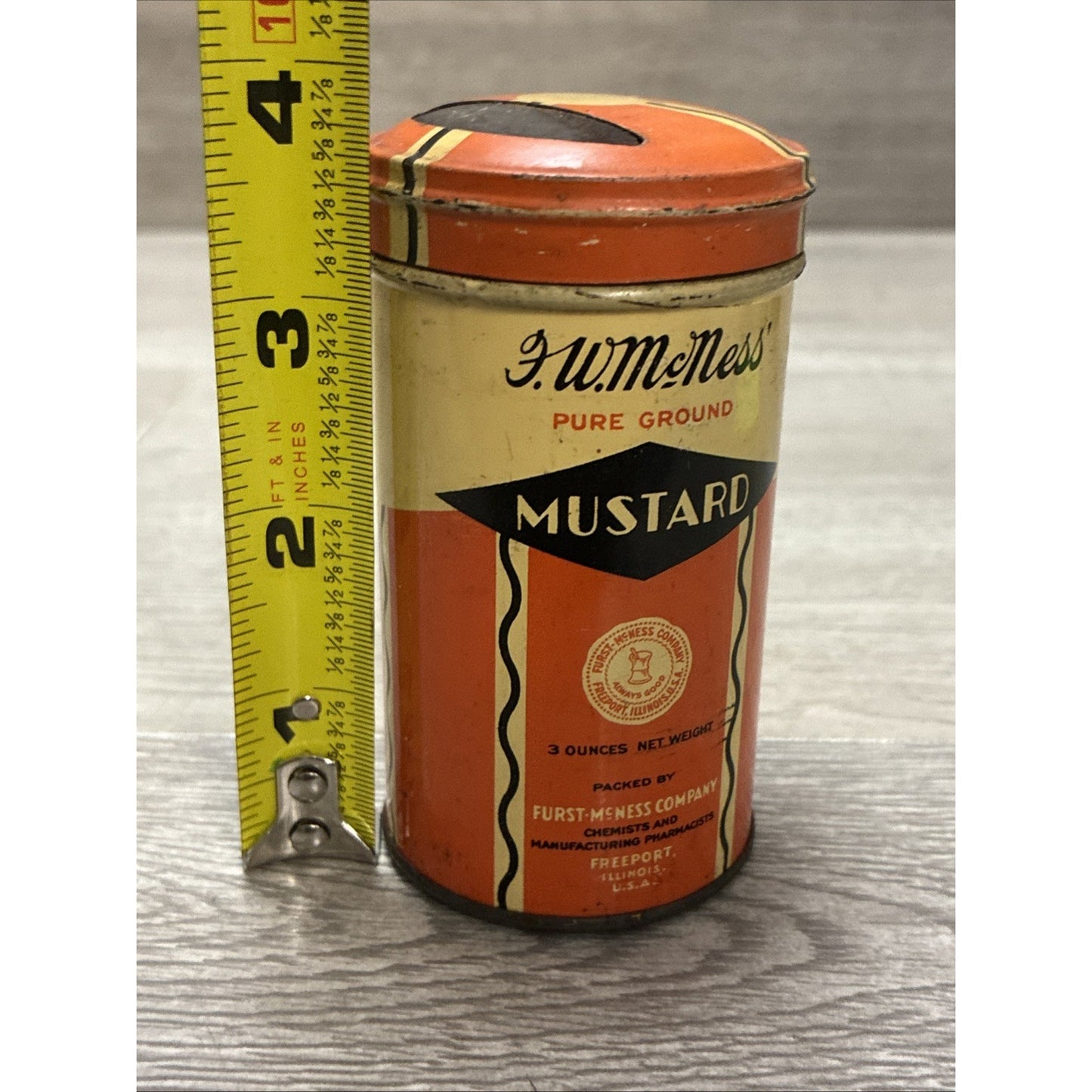 Antique F.W. McNess Mustard Tin 3oz Empty Freeport Illinois Tin