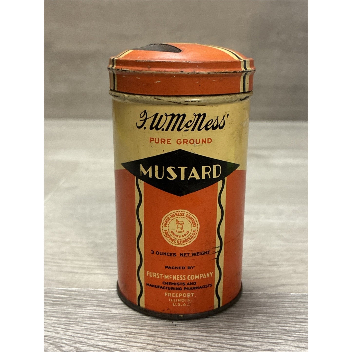 Antique F.W. McNess Mustard Tin 3oz Empty Freeport Illinois Tin