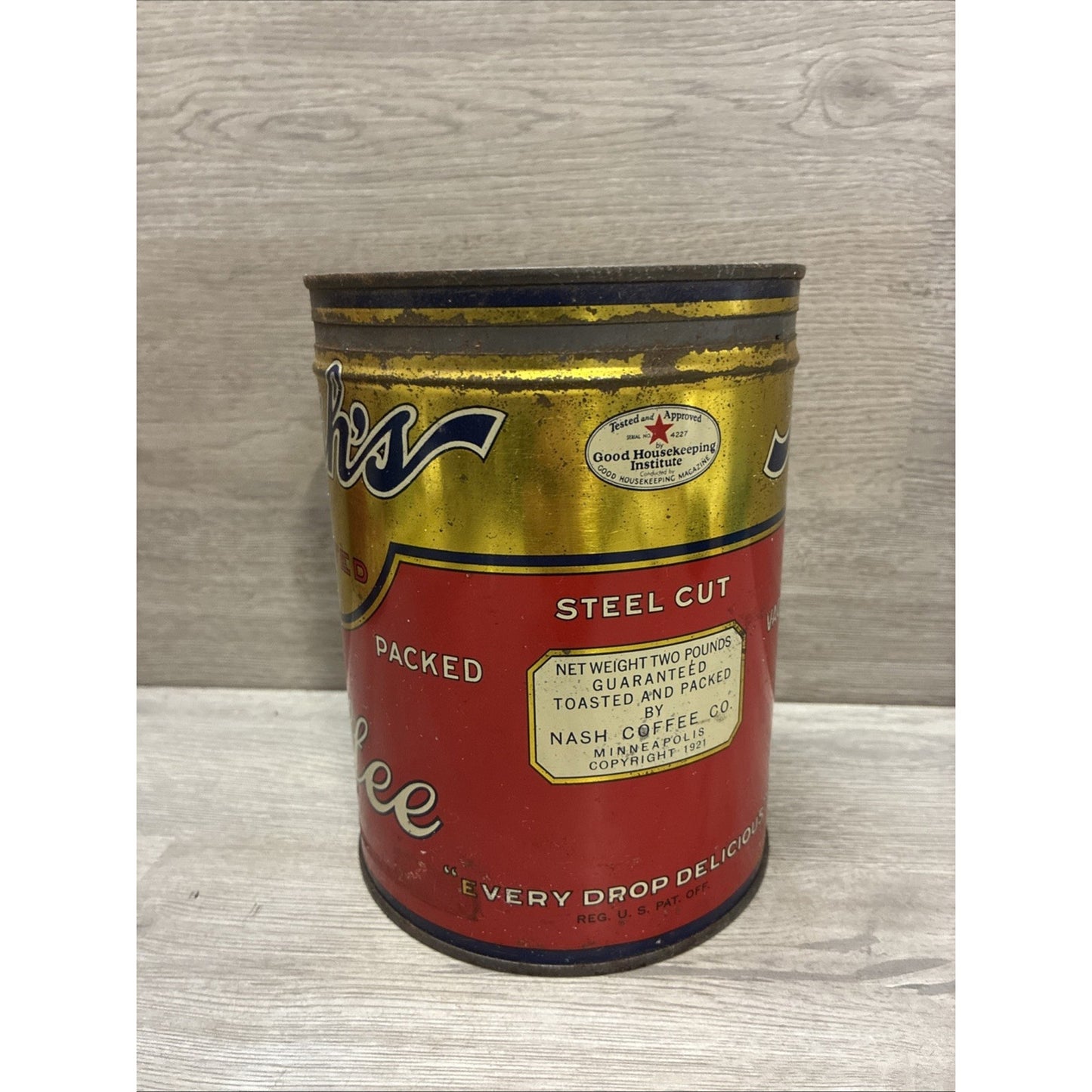 VINTAGE NASH`S TOASTED COFFEE CAN 2 POUNDS 2LB TIN W: LID VACUUM PACKED