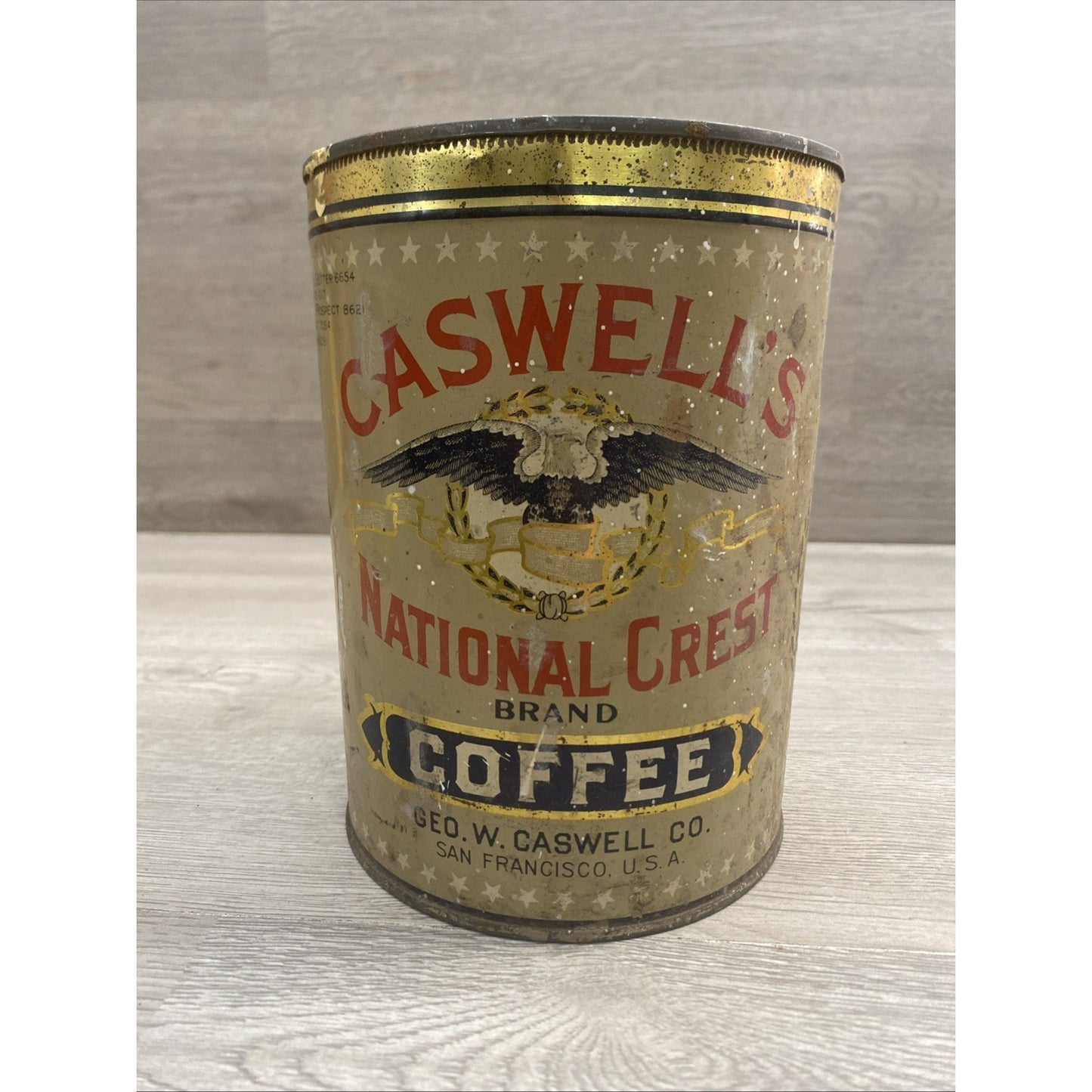 1920's CASWELLS NATIONAL CREST COFFEE TIN 2.5 LBS 7.5"