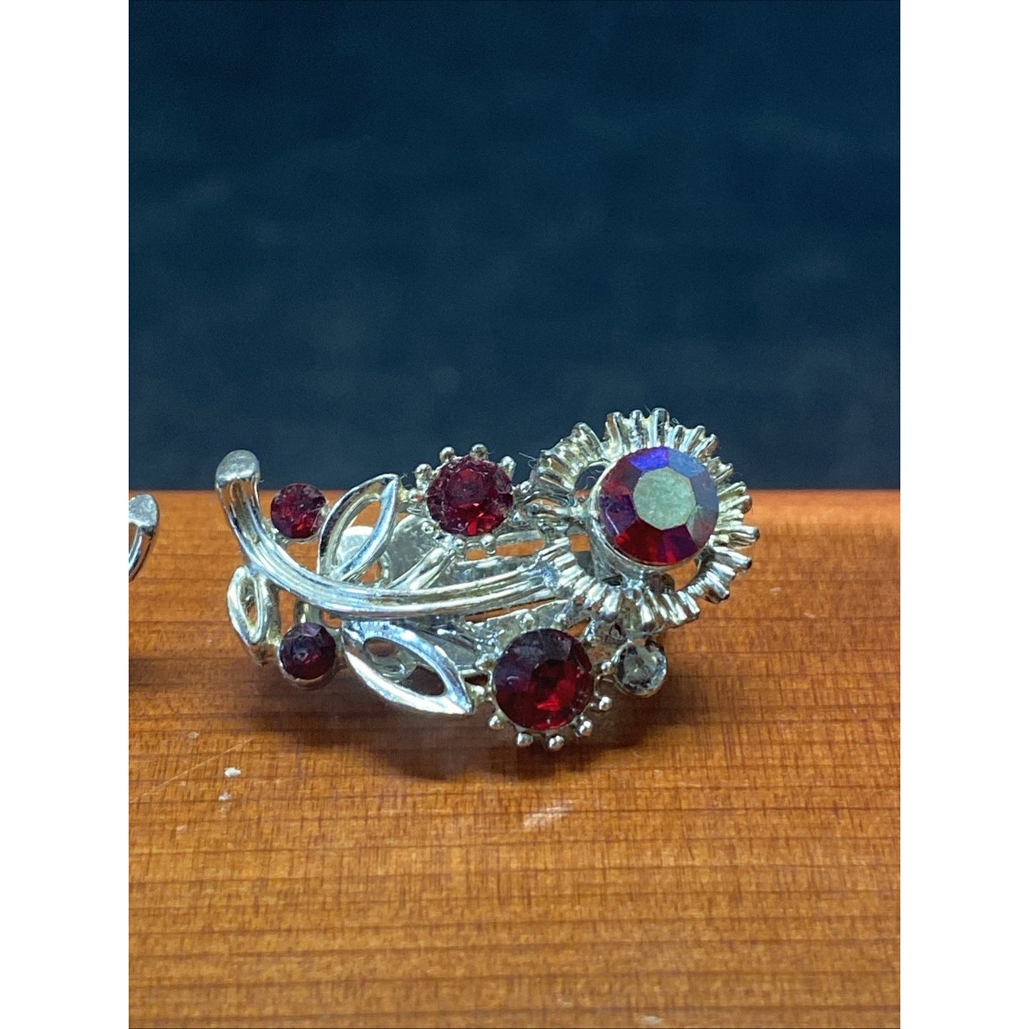 Vintage Lisner Silver and Ruby Flower Earrings