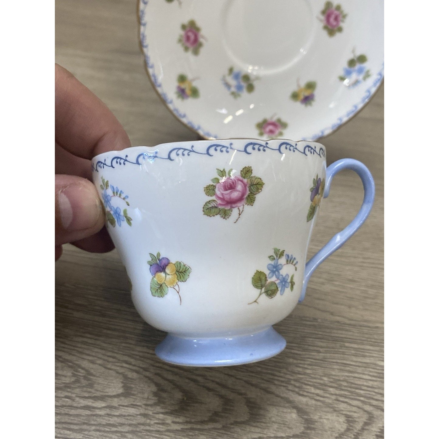 Shelley Fine Bone China Teacup Saucer Blue Forget-Me-Nots Roses Pansies England
