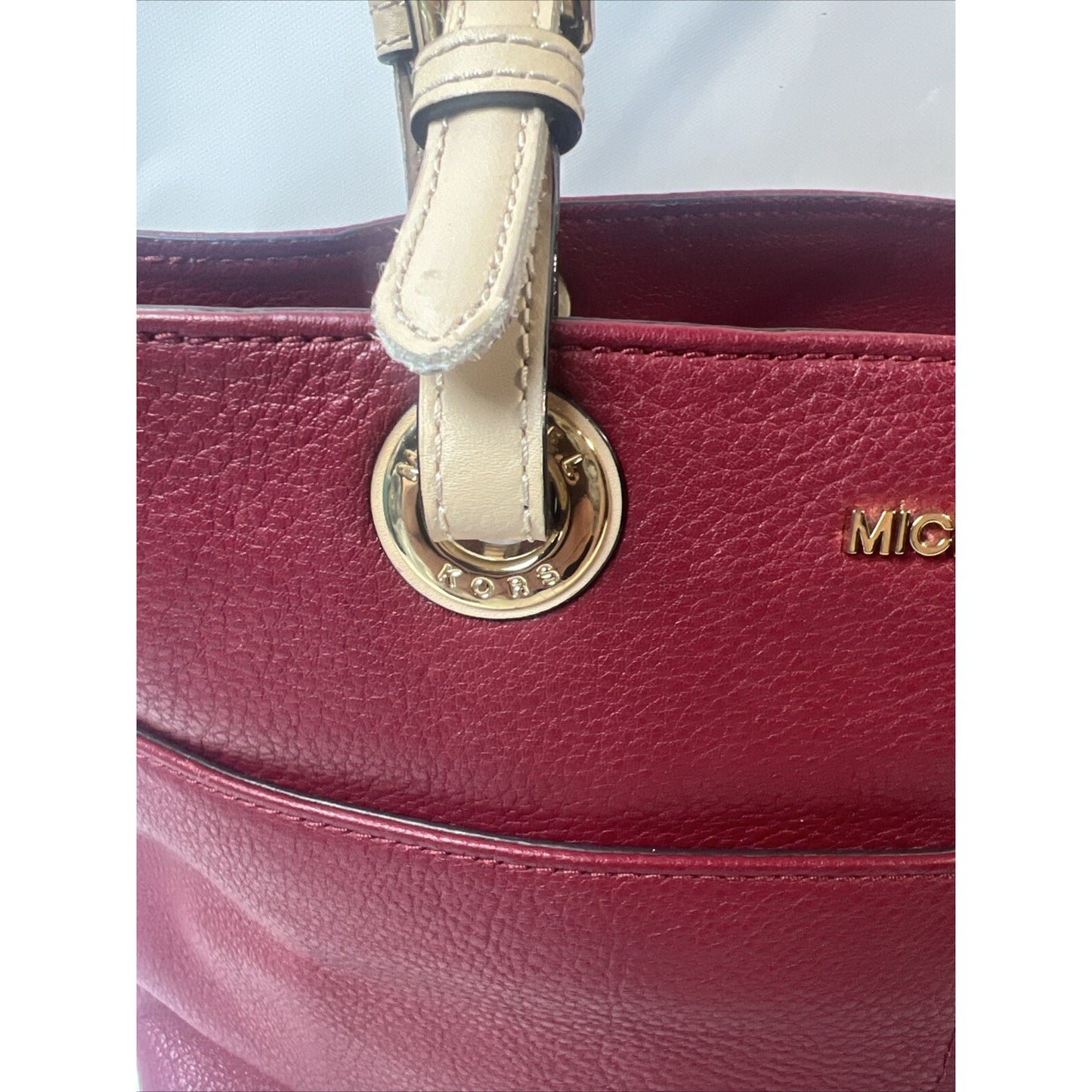 Michael Kors Bedford Red/Burg Pocket Tote Pebble Leather Purse Shopper Bag-15-11