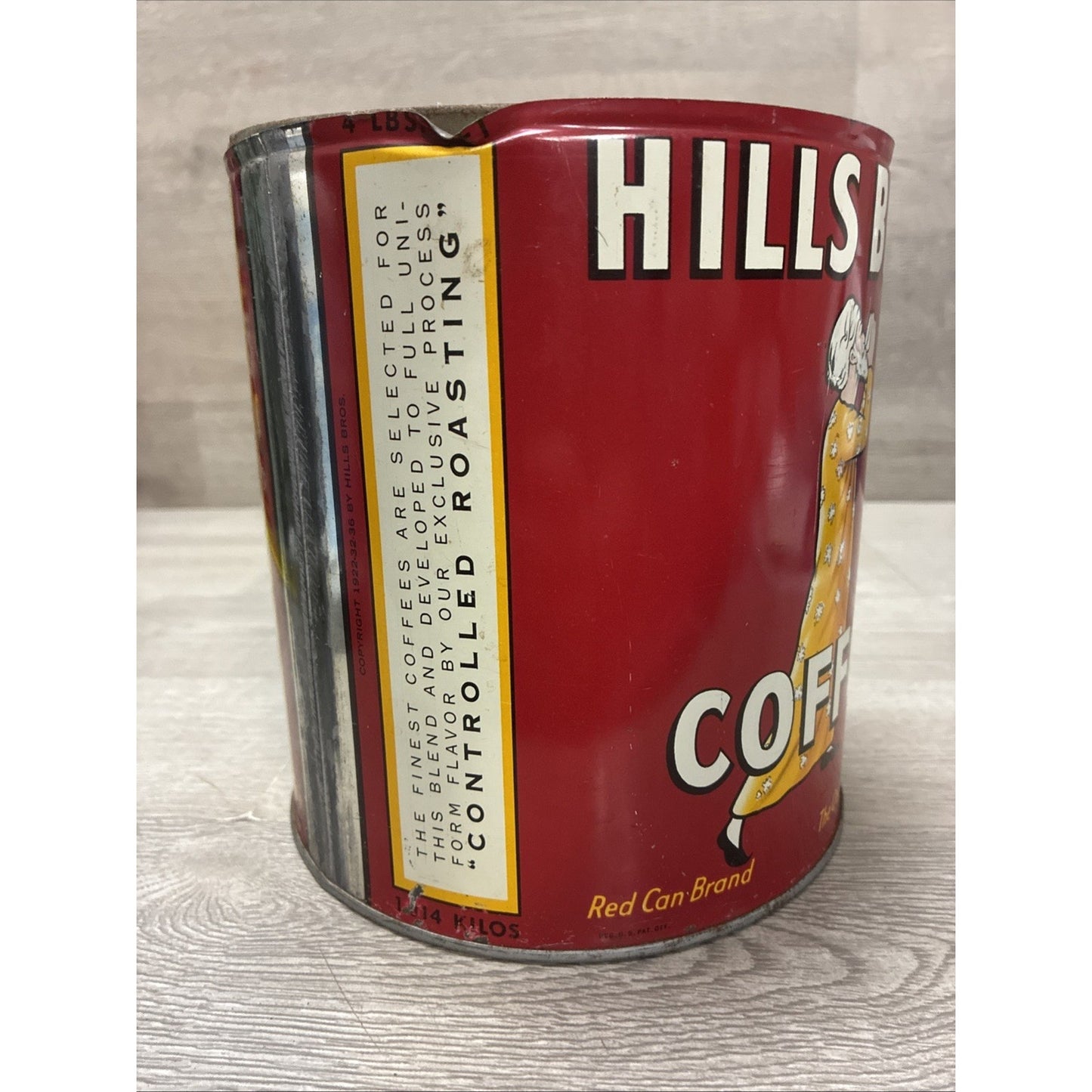 Hills Bros 4lb Coffee Tin Advertising Kitchen Farmhouse Decor