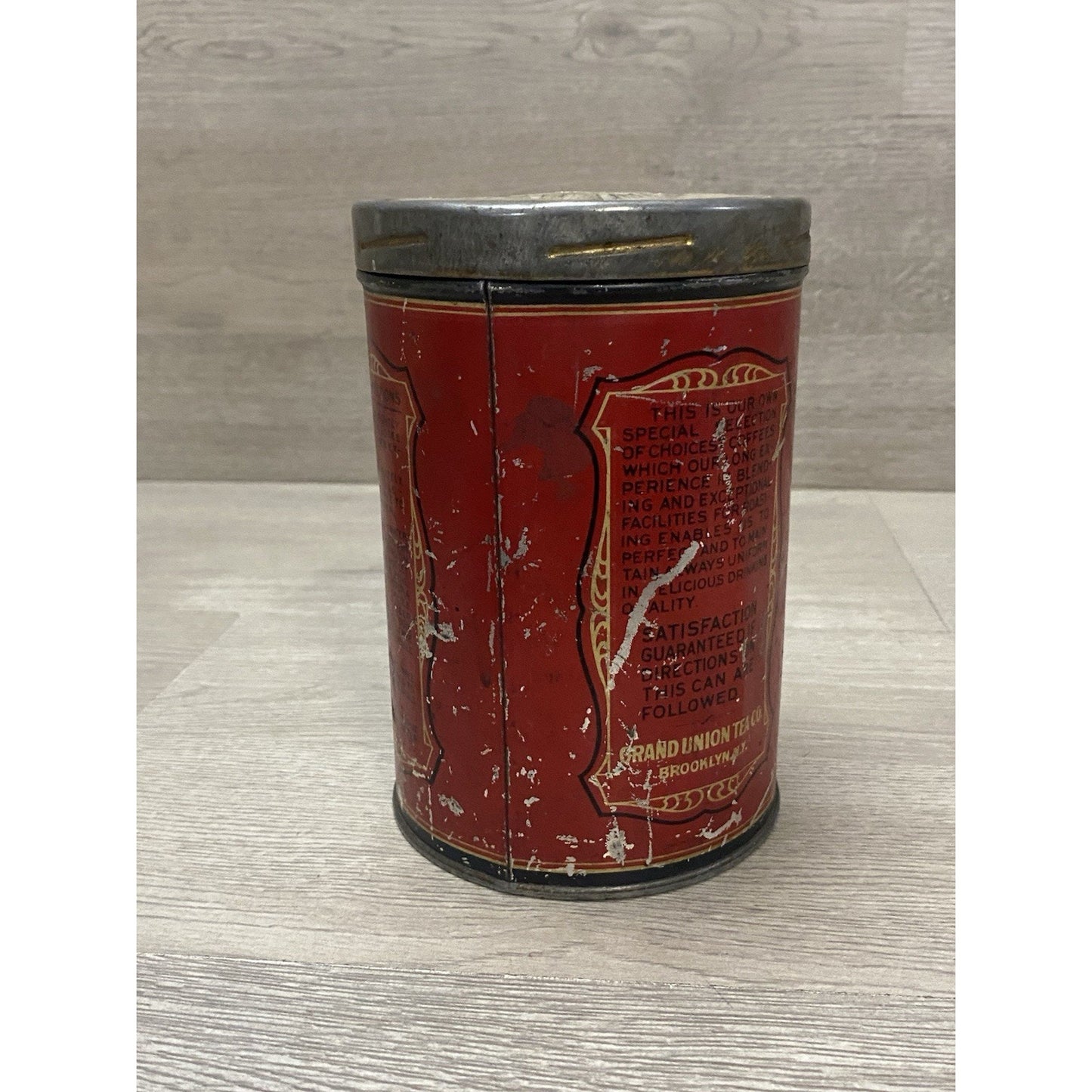 VINTAGE FLAROMA BRAND COFFEE TIN CAN 1 LB., GRAND UNION TEA CO., BROOKLYN, NY