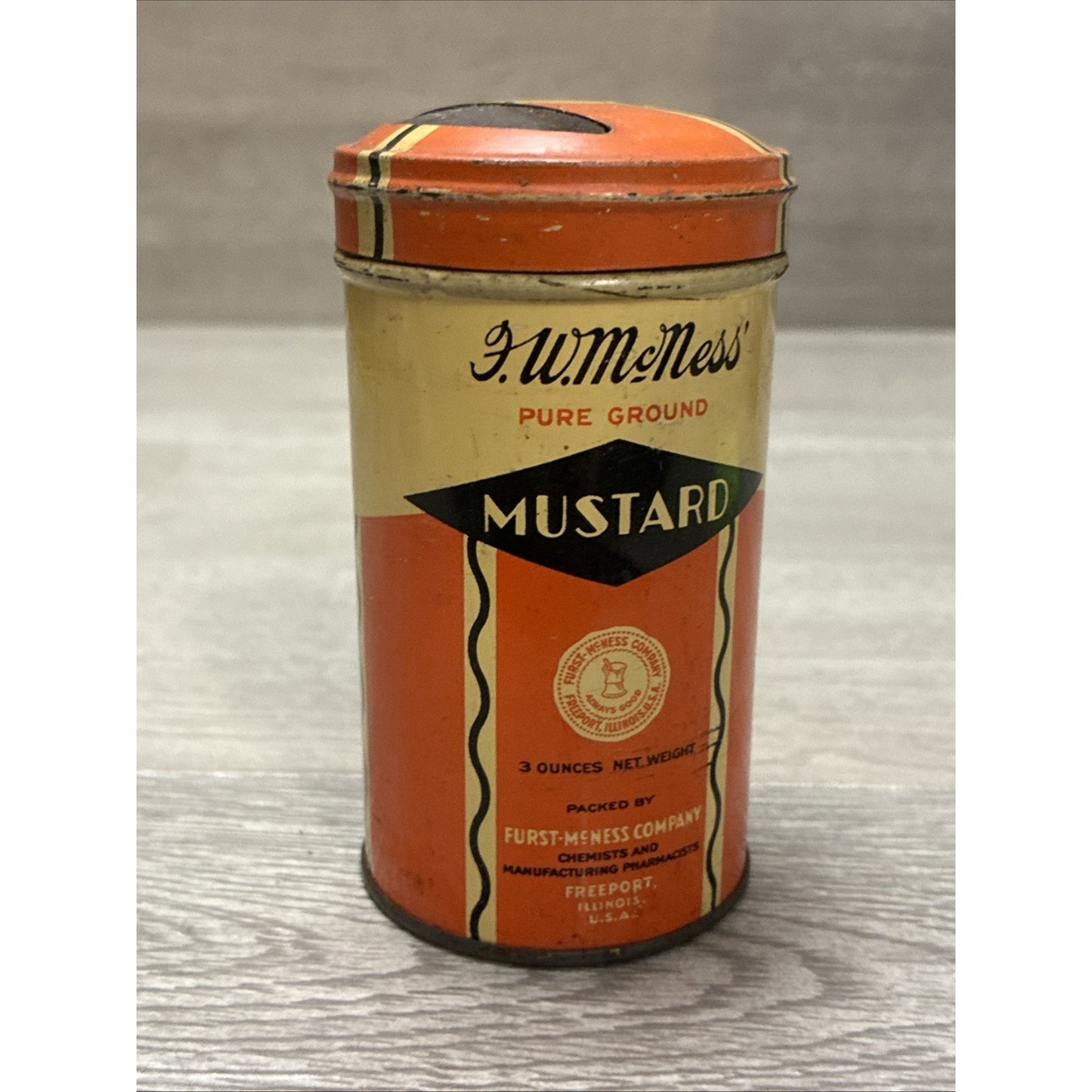 Antique F.W. McNess Mustard Tin 3oz Empty Freeport Illinois Tin