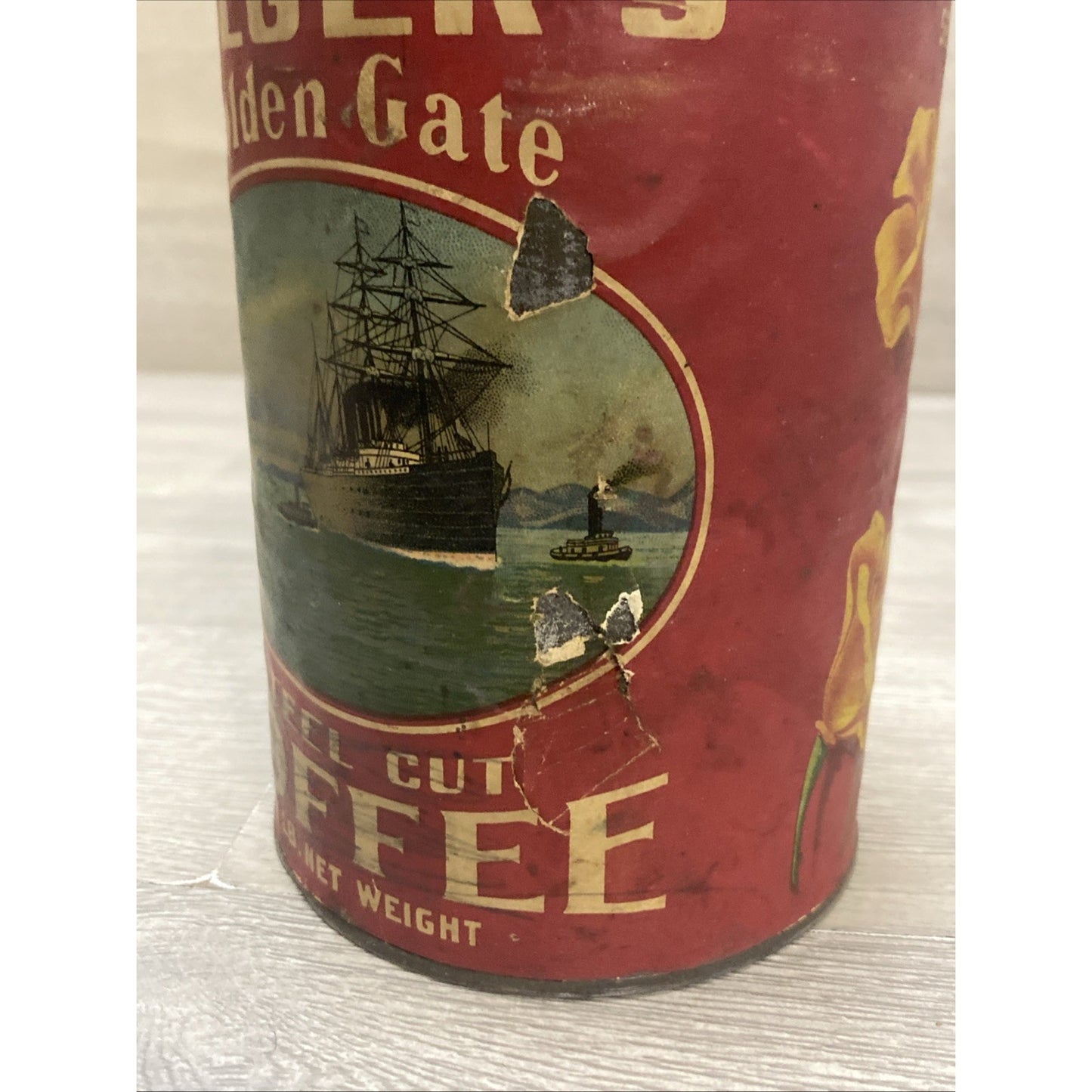 SUPER RARE 100+ YEAR OLD FOLGERS GOLDEN GATE PAPER LABEL ON TIN COFFEE CAN