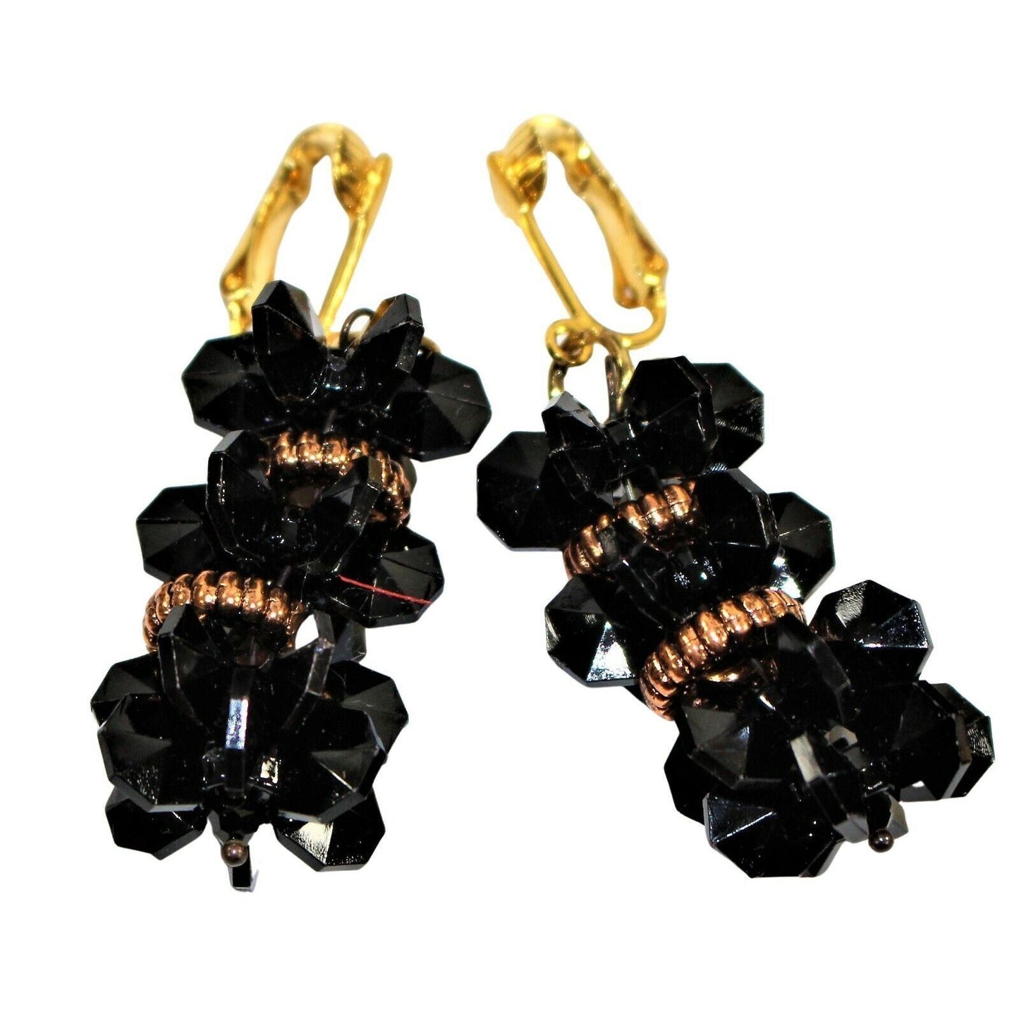 Statement Necklace & Earrings Set 19" Black Beads Bronze Designs Chunky Handmade