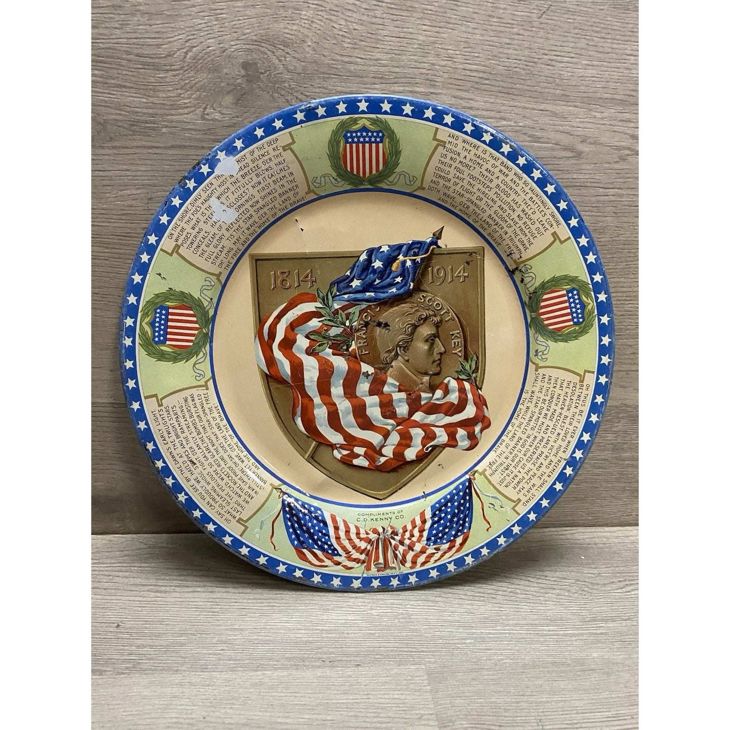 Antique Francis Scott Key Flag CD Kenny Coffee Tea Advertising Tin Litho Plate