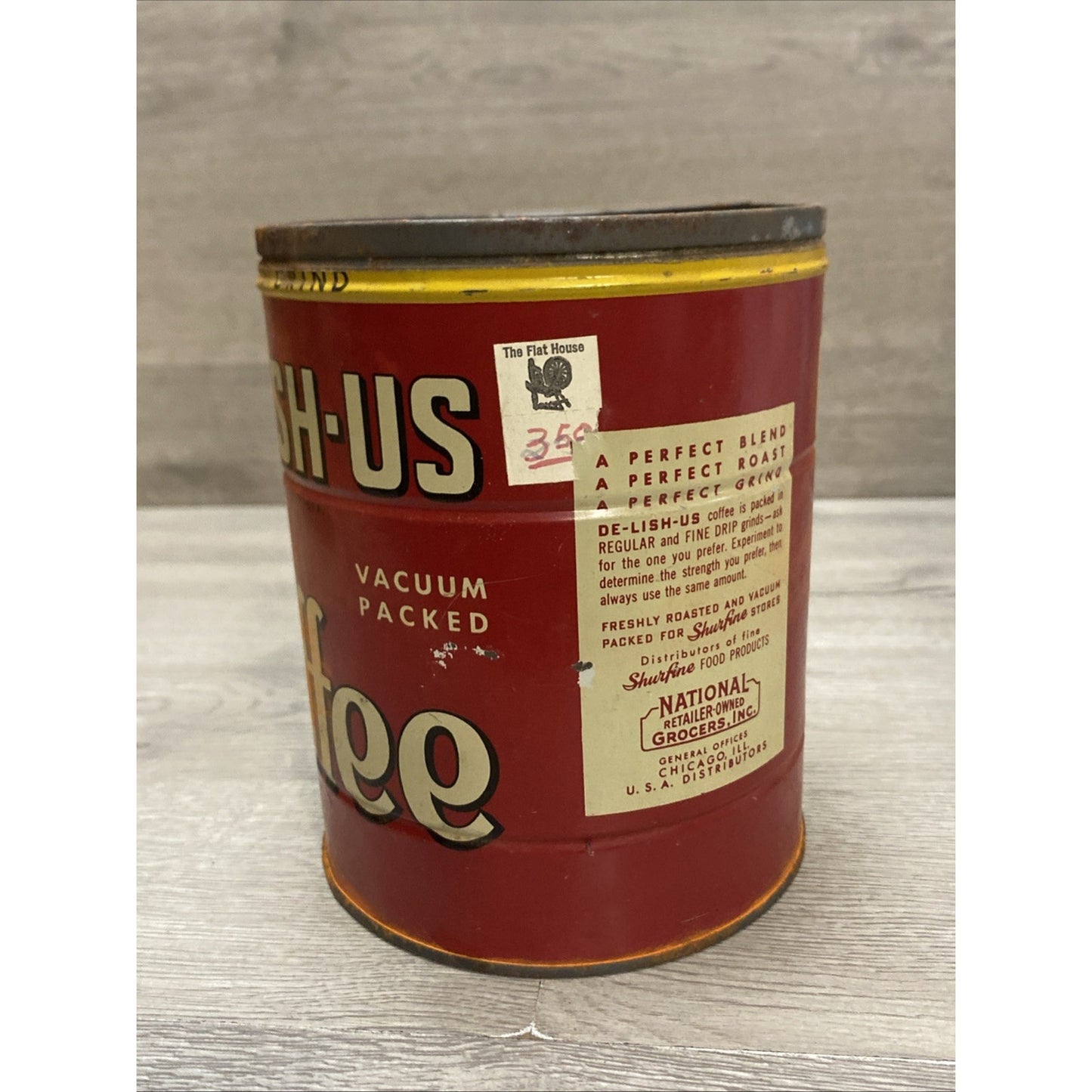 ANTIQUE TIN CAN DE-LISH-US COFFEE KW NATIONAL GROCERS SHURFINE CHICAGO IL