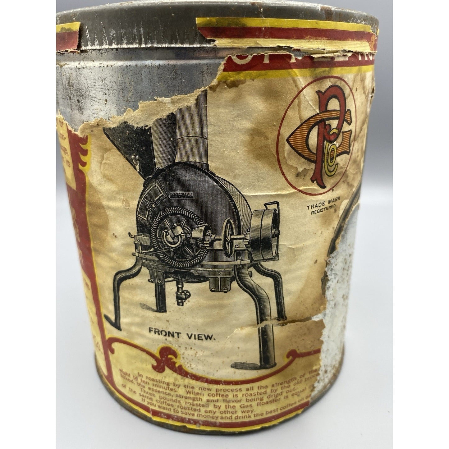VINTAGE ROUND PAXTON GAS ROASTED COFFEE TIN OMAHA NE. PAPER LABEL GRAPHICS