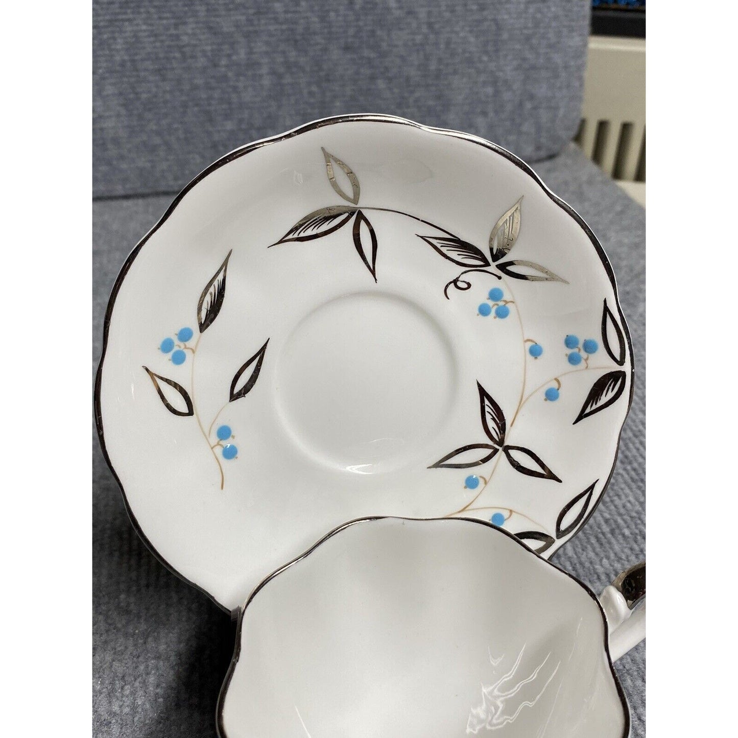 Queen Anne Teacup and Saucer with Hand-Enameled Blue Flowers