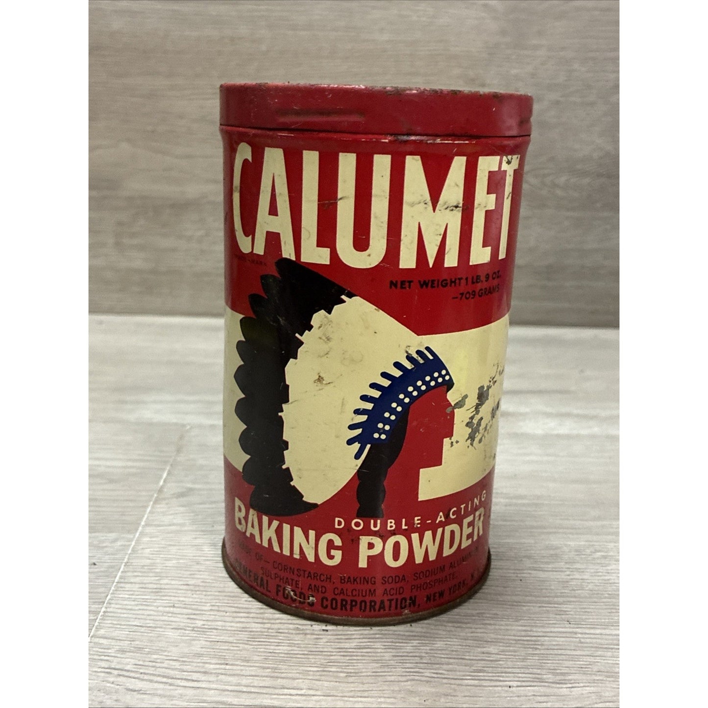 Calumet Baking Powder Tin (1 LB 9OZ ) w/Red Lid VINTAGE 1950’s General Foods