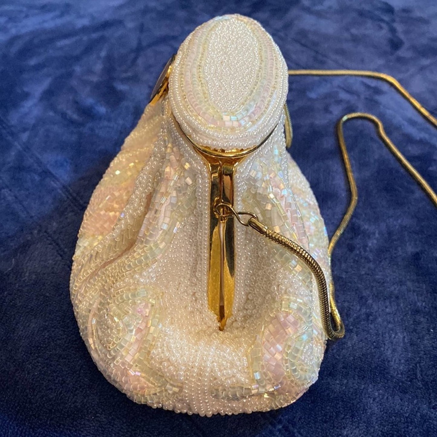 RARE! Vintage La Regale Fully Beaded White Iridescent Wedding Purse w/Gold Strap