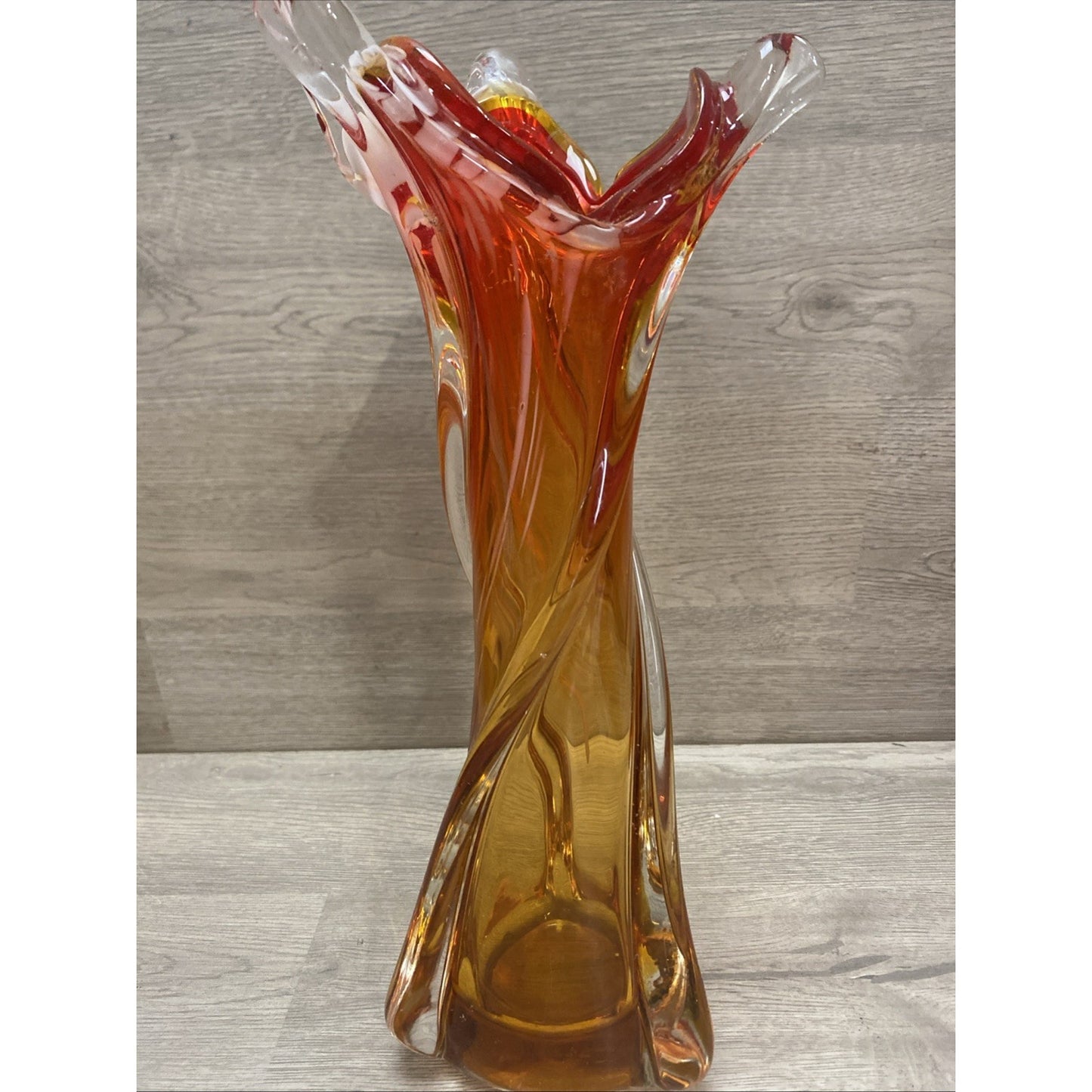 MCM Art Glass Swung Amber Red Swirl Free Form Vase 12.25”