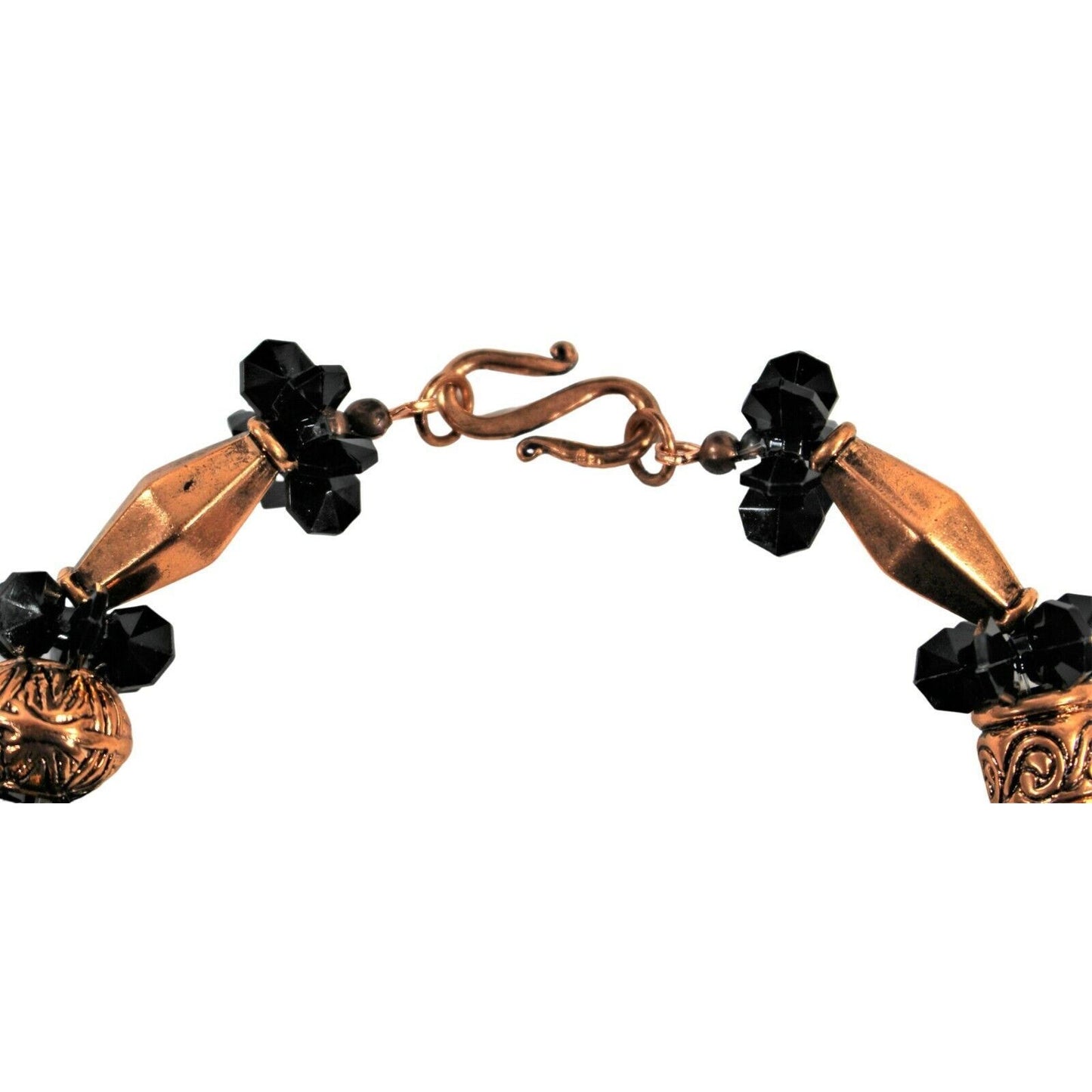 Statement Necklace & Earrings Set 19" Black Beads Bronze Designs Chunky Handmade