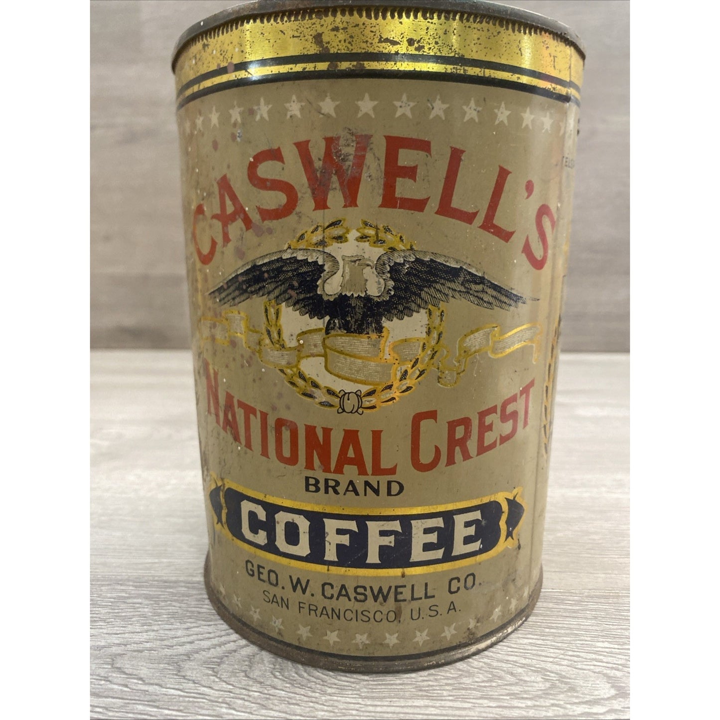 1920's CASWELLS NATIONAL CREST COFFEE TIN 2.5 LBS 7.5"