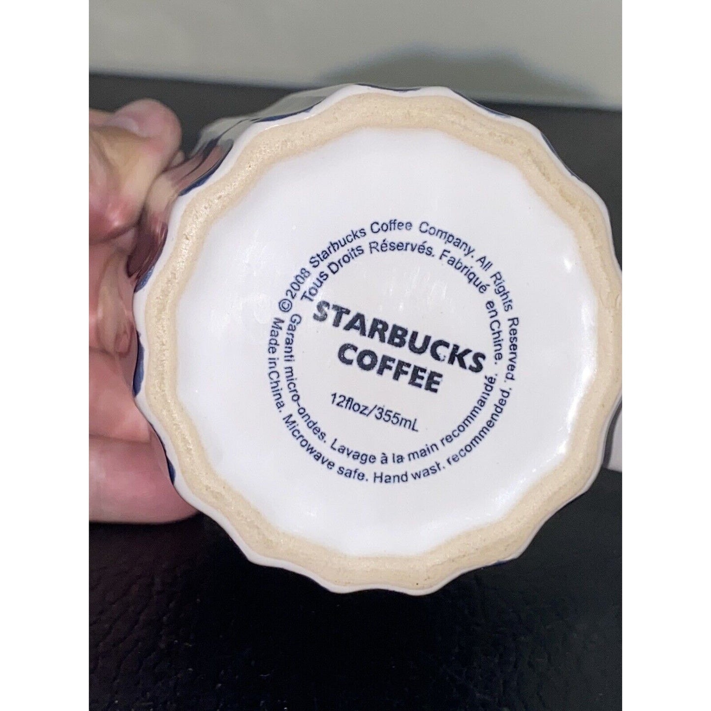 Starbucks Coffee Mug 2008 Blue White Hand Painted Ribbed Striped 12 oz Stripes