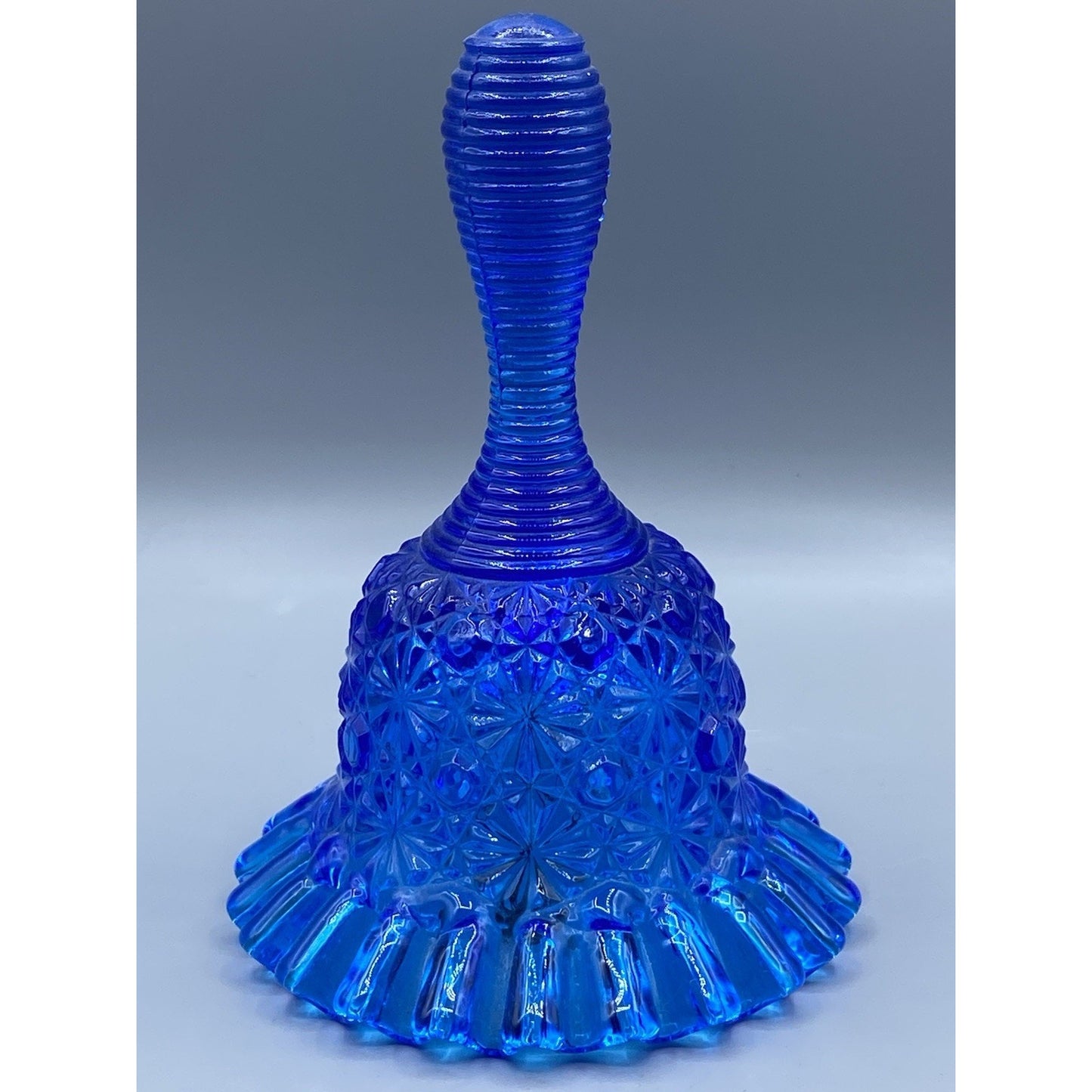 Fenton Glass Blue Daisy and Button Ruffle Edge & Ribbed Handle Vintage Bell