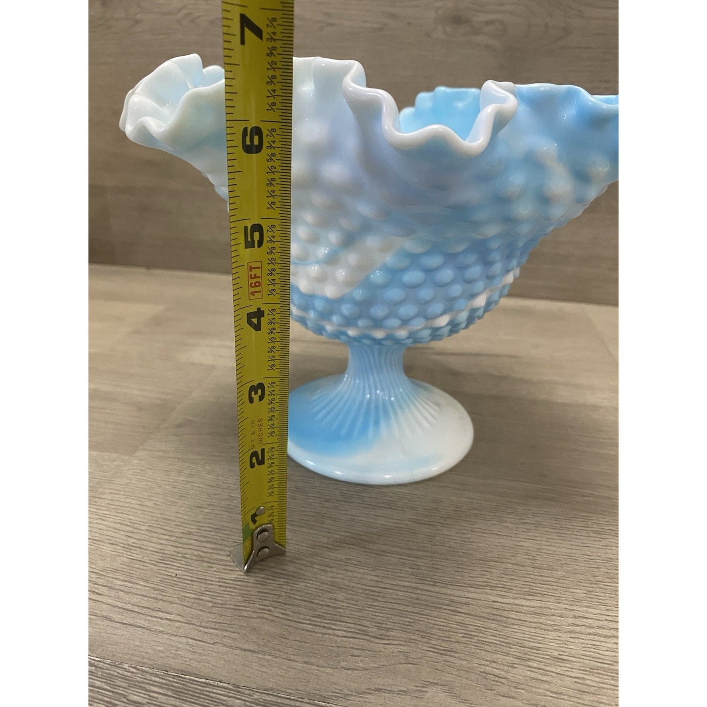 Vintage Fenton Slag Glass White & Blue Swirl Hobnail Footed Candy Dish Compote