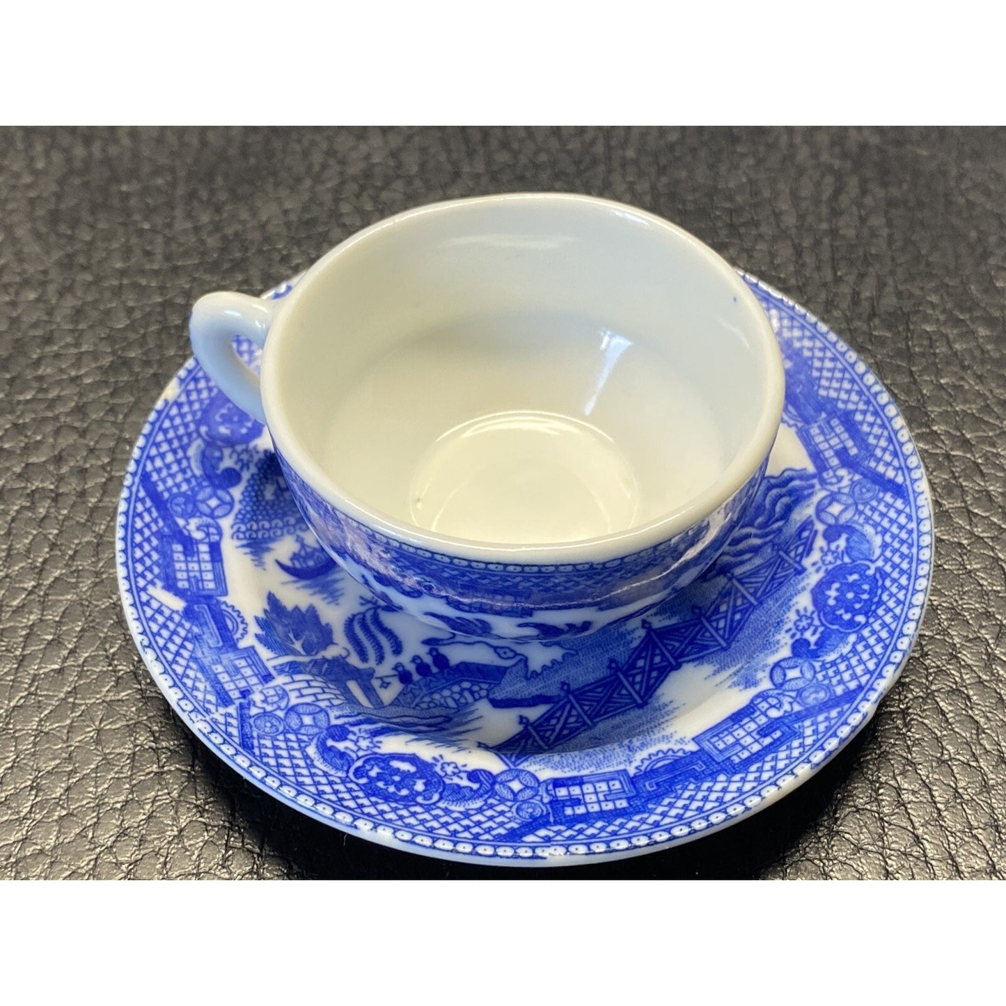 Vintage Blue Willow Flow Blue Miniature Teacup & Saucer Set