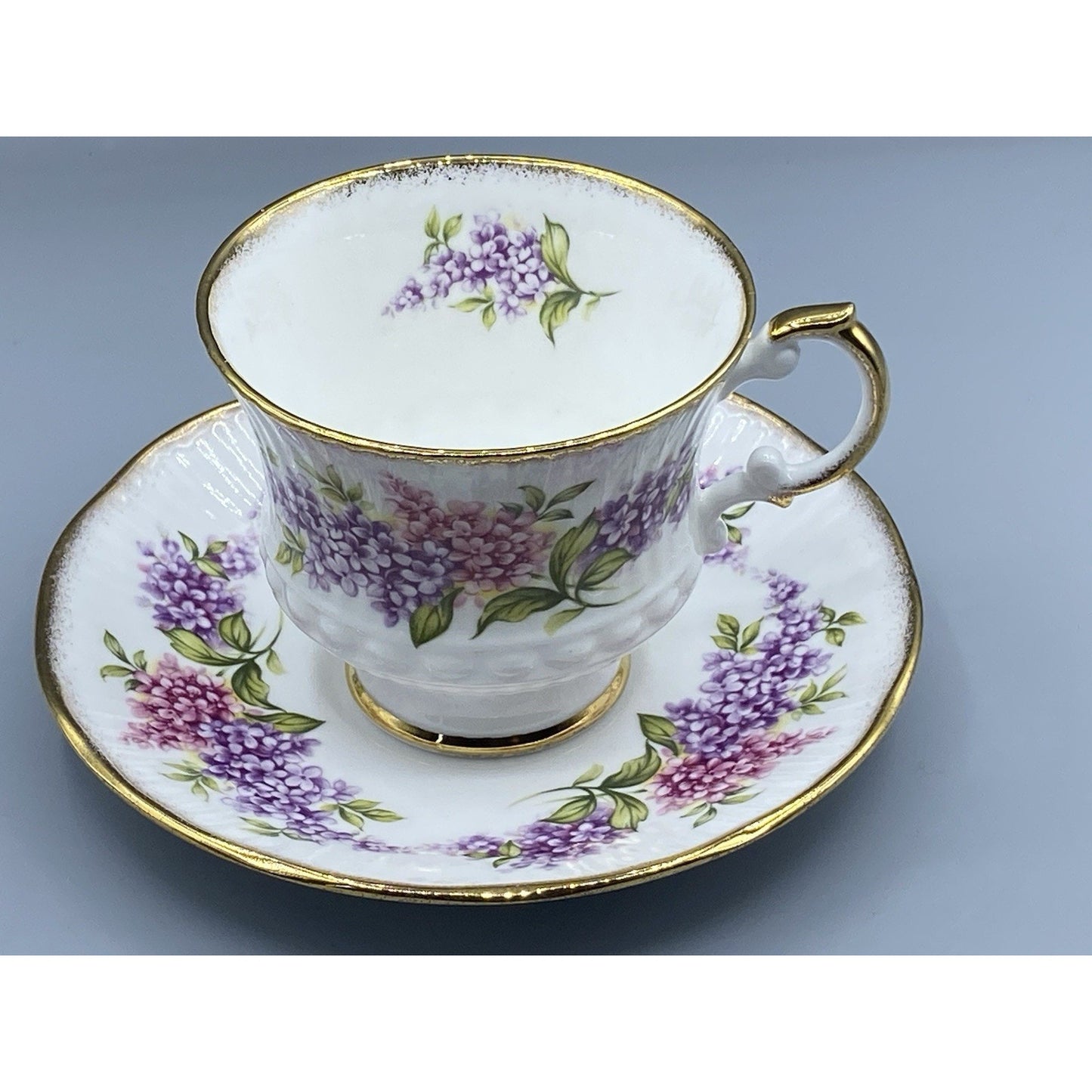 Elizabethan Floral Purple Pink Floral W/ Gold Rim Teacup Saucer Set