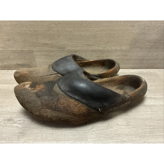 Antique Dutch Or German Wooden Clogs Shoes with Leather & Straw