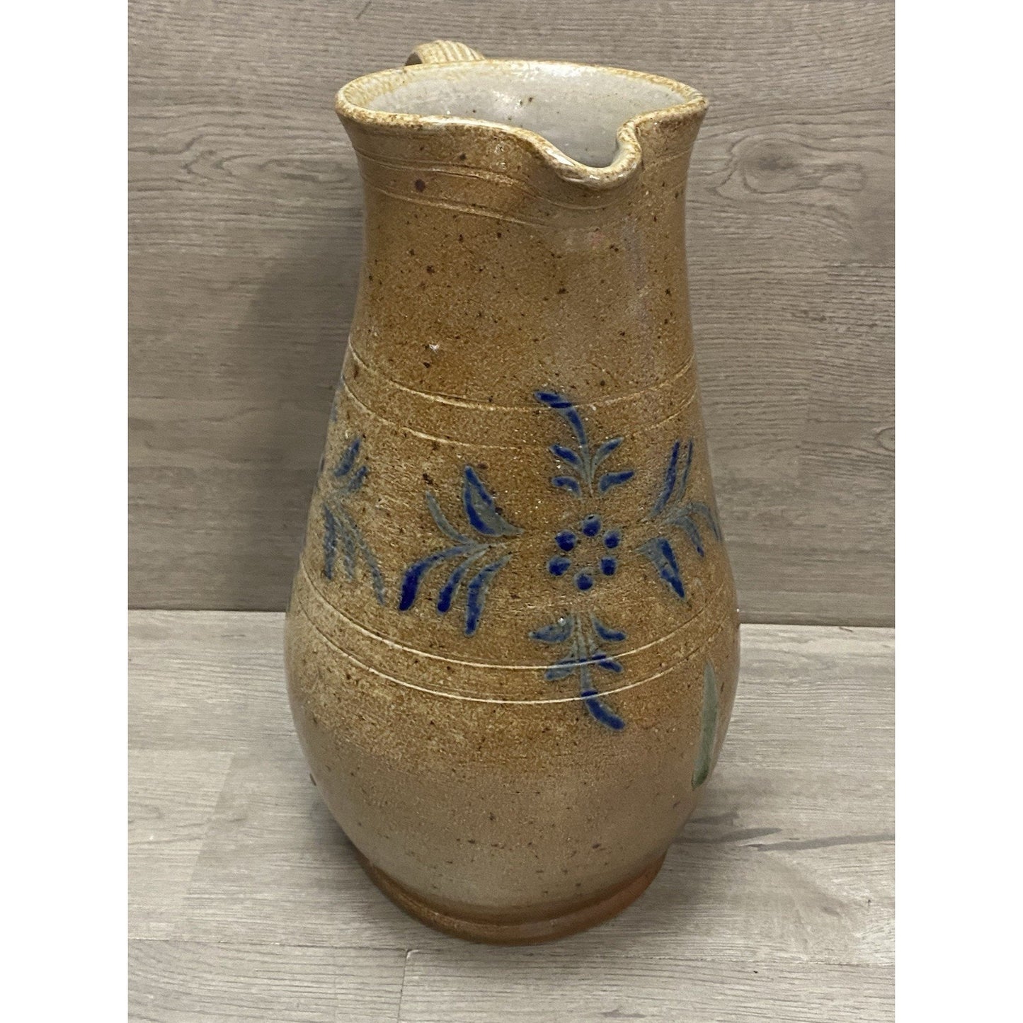 Nora Fenton Stoneware Pitcher 11” Blue Floral Salt Glazed