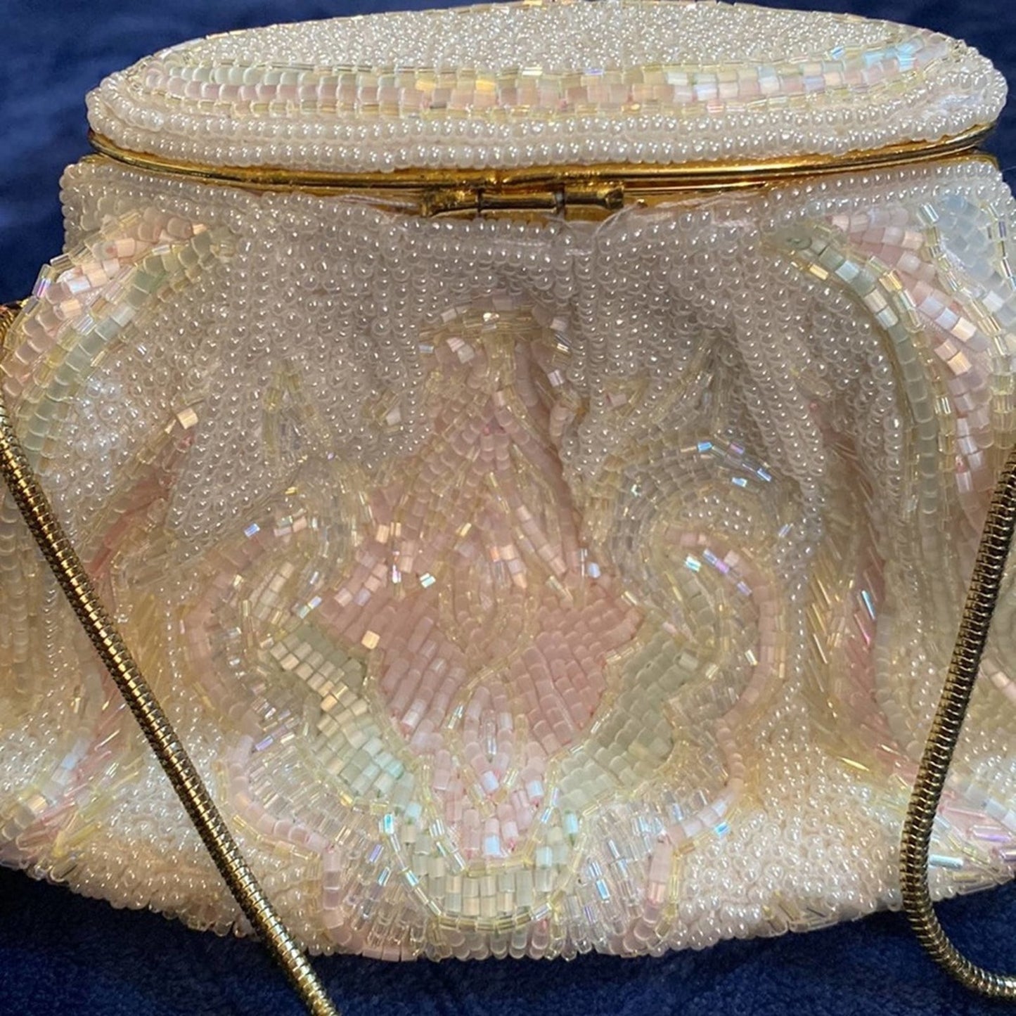 RARE! Vintage La Regale Fully Beaded White Iridescent Wedding Purse w/Gold Strap
