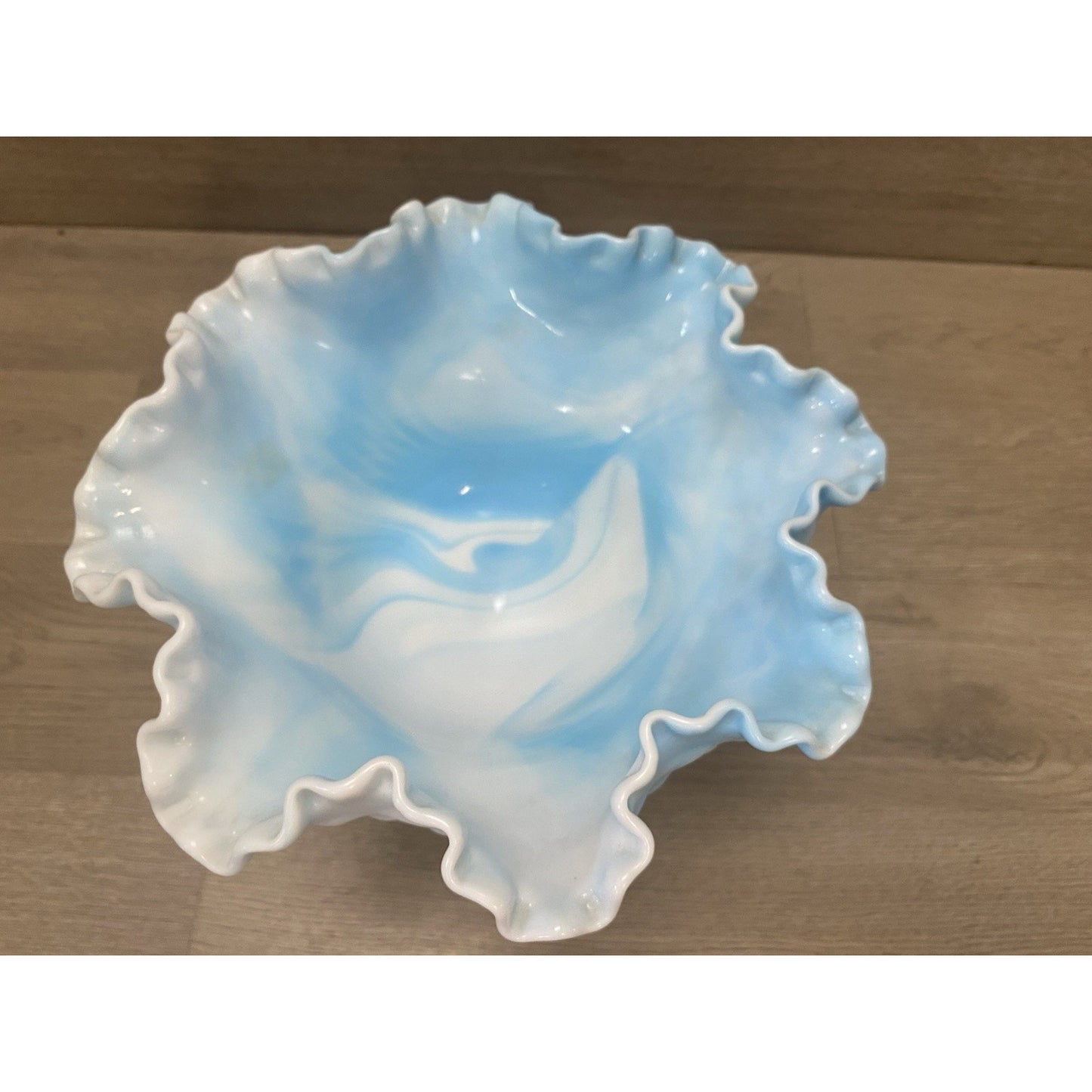 Vintage Fenton Slag Glass White & Blue Swirl Hobnail Footed Candy Dish Compote