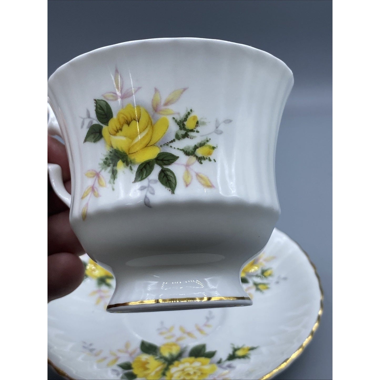 Vintage ROYAL WINDSOR Yellow Rose Teacup Saucer Gold Rimmed