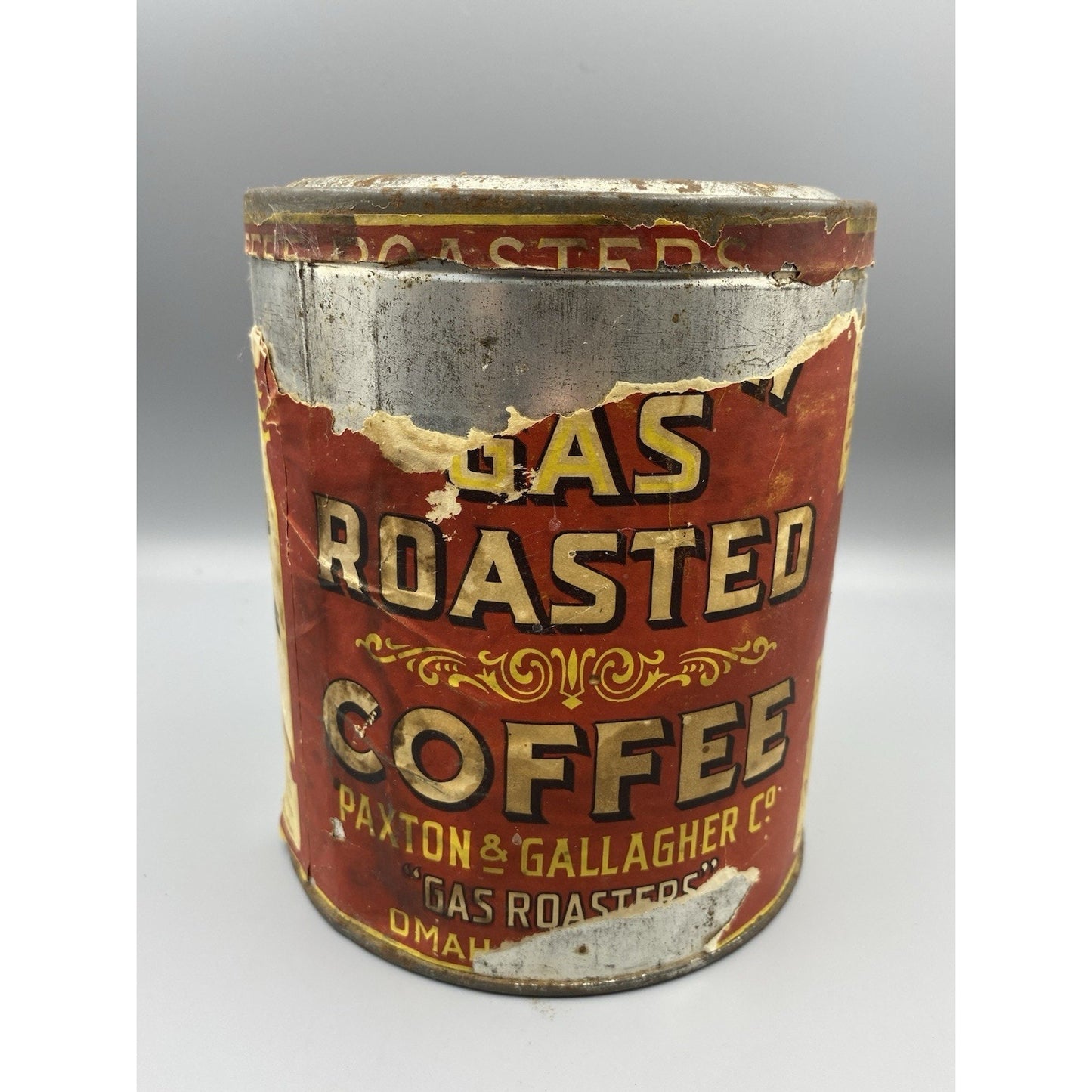 VINTAGE ROUND PAXTON GAS ROASTED COFFEE TIN OMAHA NE. PAPER LABEL GRAPHICS